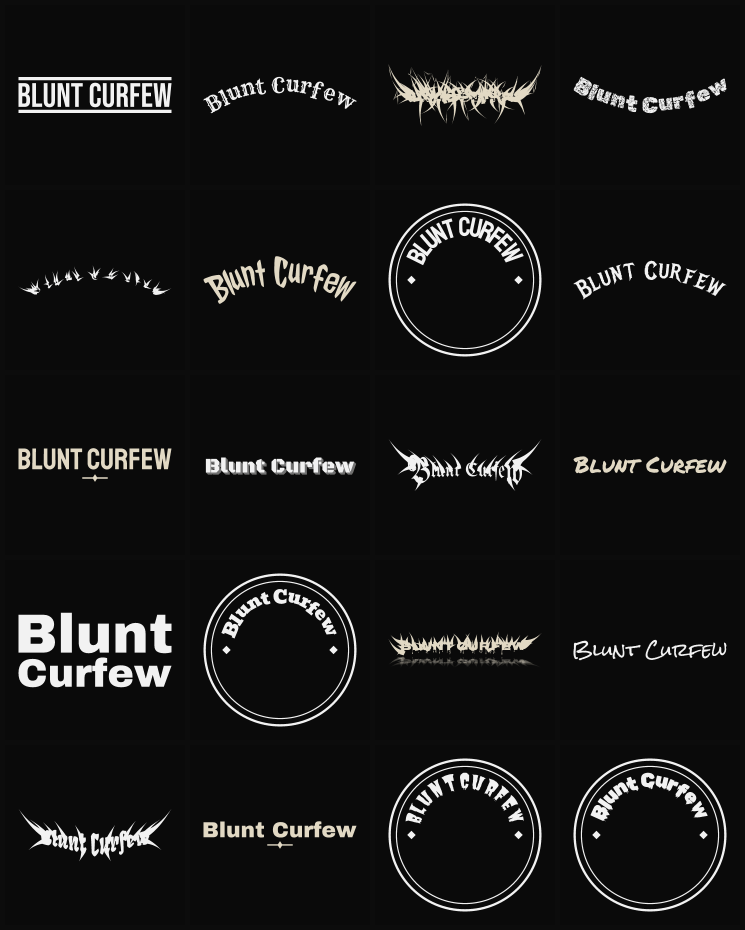 Twenty Blunt Curfew band logo ideas — different faces, treatments and spike settings