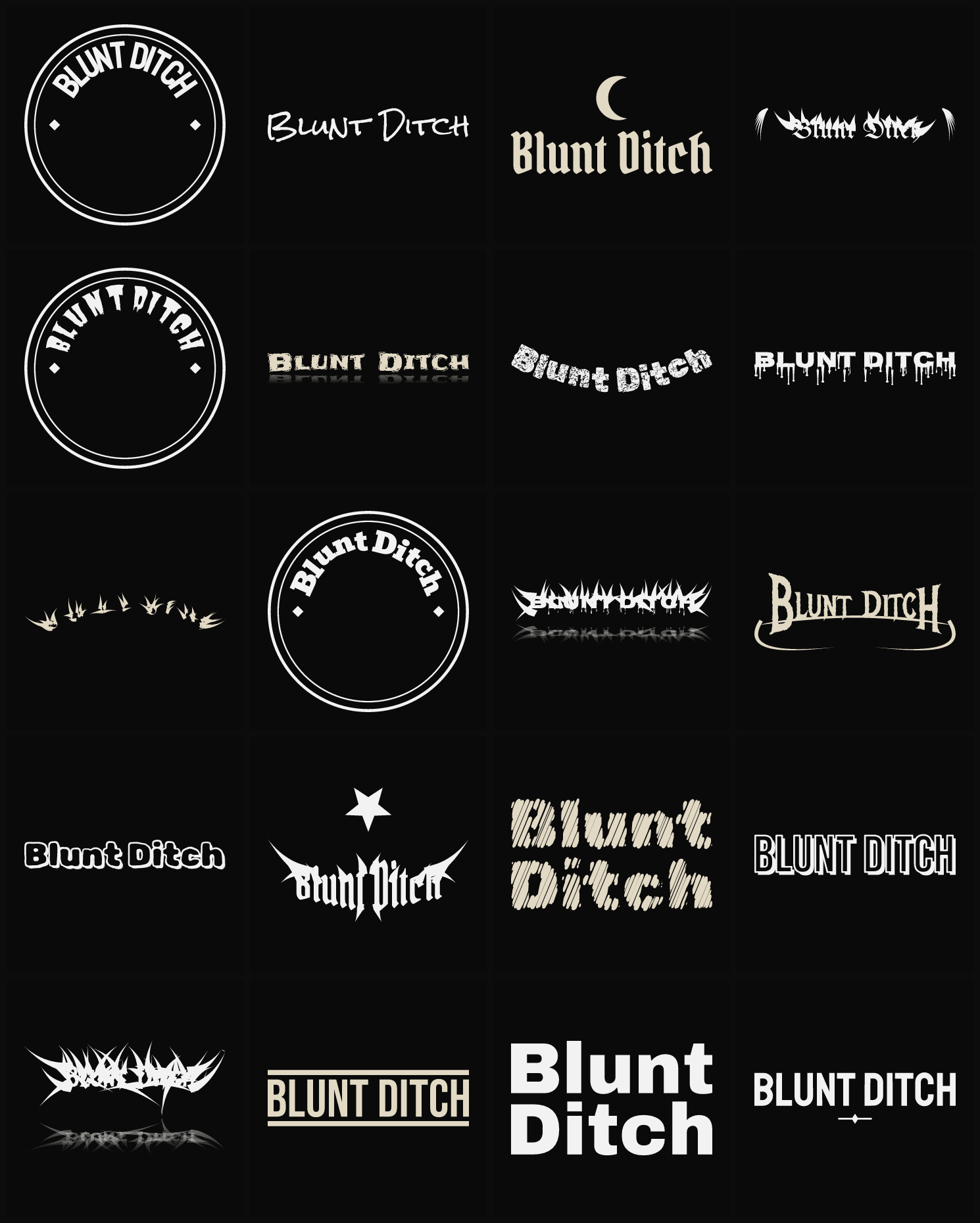 Twenty Blunt Ditch band logo ideas — different faces, treatments and spike settings
