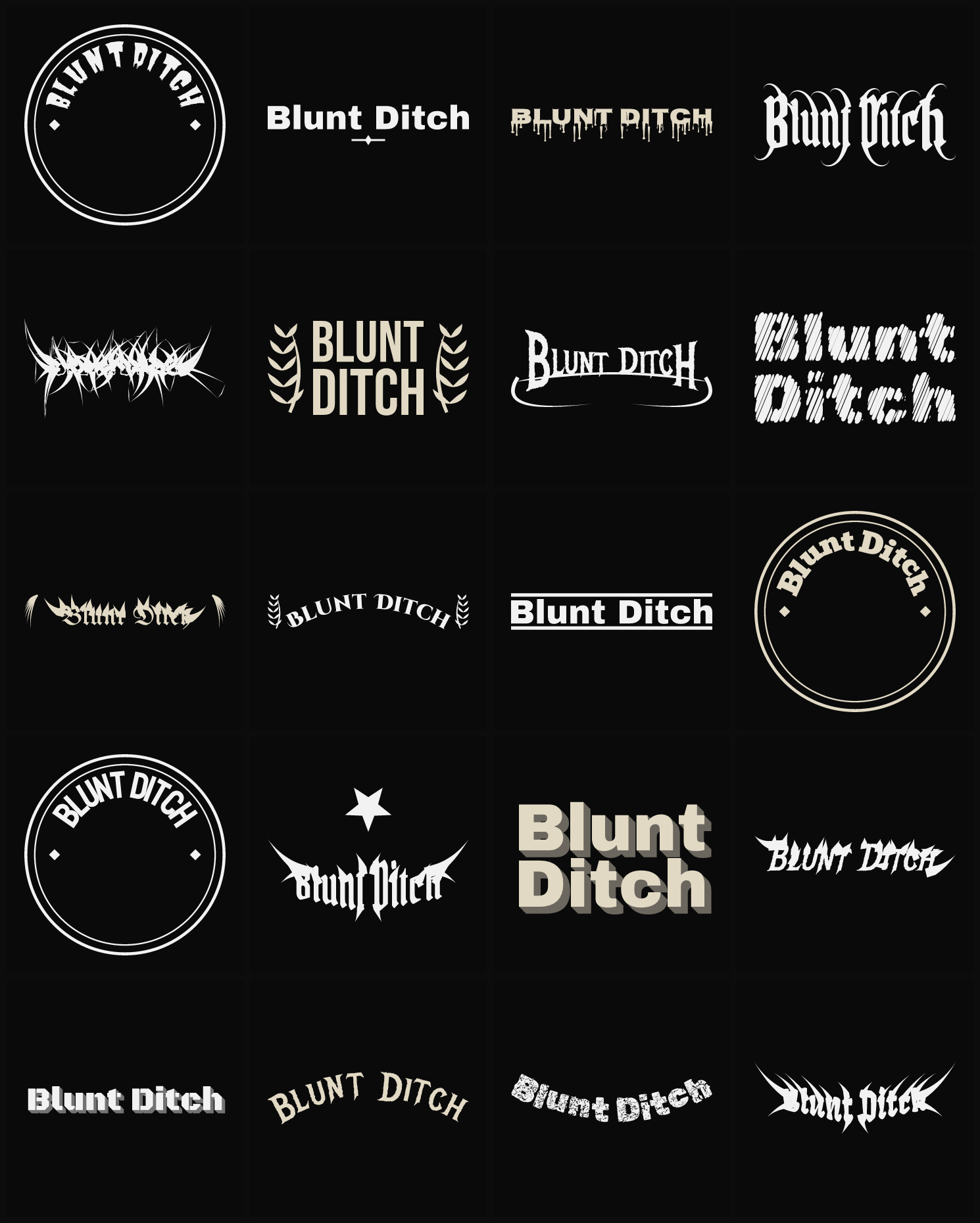 Twenty Blunt Ditch band logo ideas — different faces, treatments and spike settings