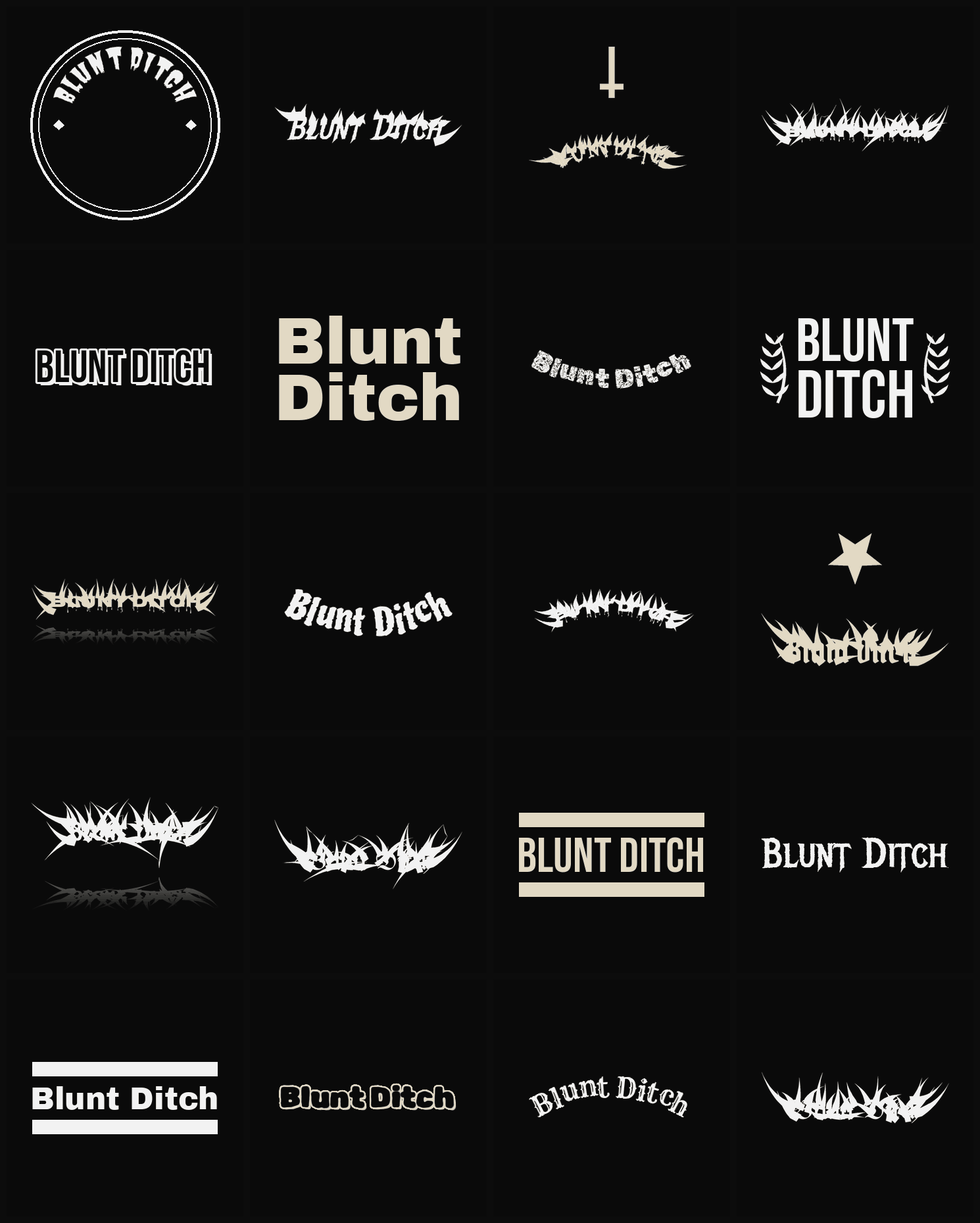 Twenty Blunt Ditch band logo ideas — different faces, treatments and spike settings