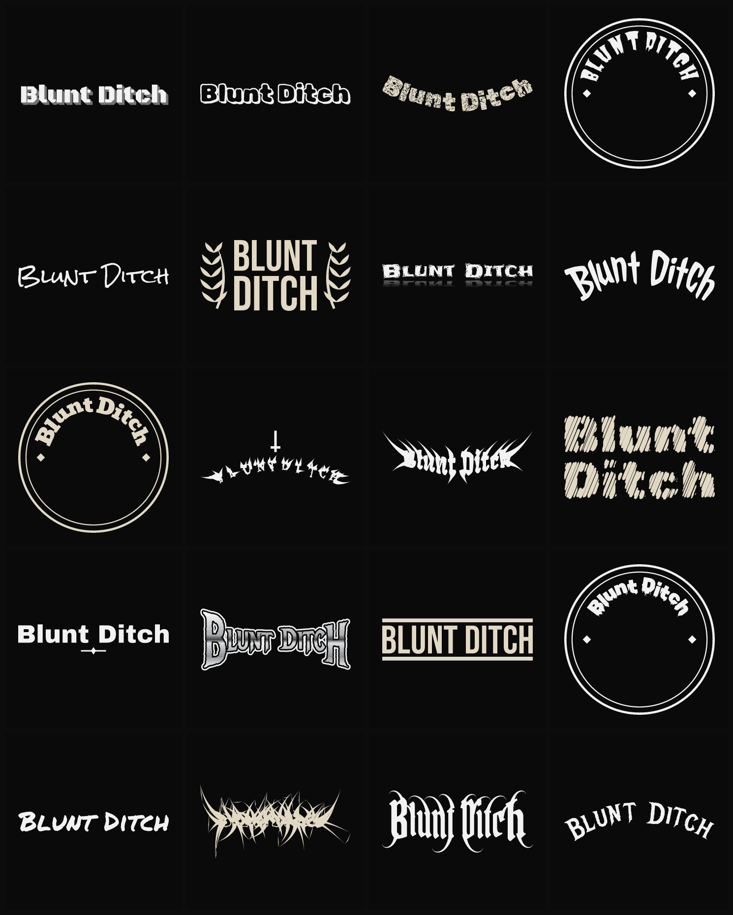 Twenty Blunt Ditch band logo ideas — different faces, treatments and spike settings