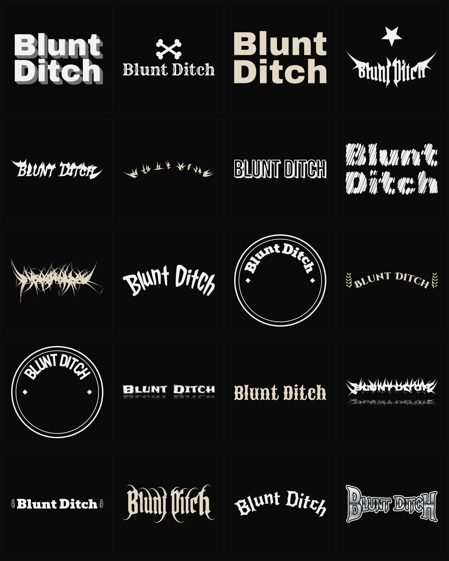Twenty Blunt Ditch band logo ideas — different faces, treatments and spike settings