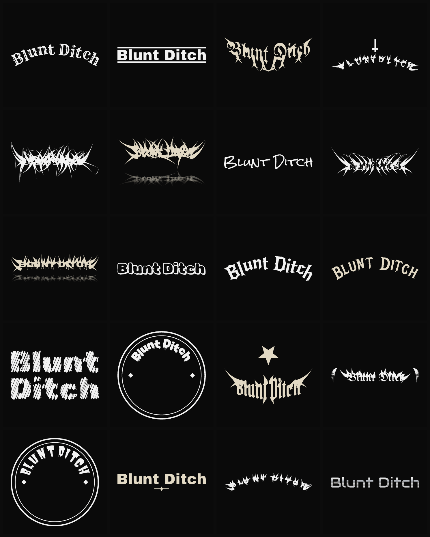 Twenty Blunt Ditch band logo ideas — different faces, treatments and spike settings