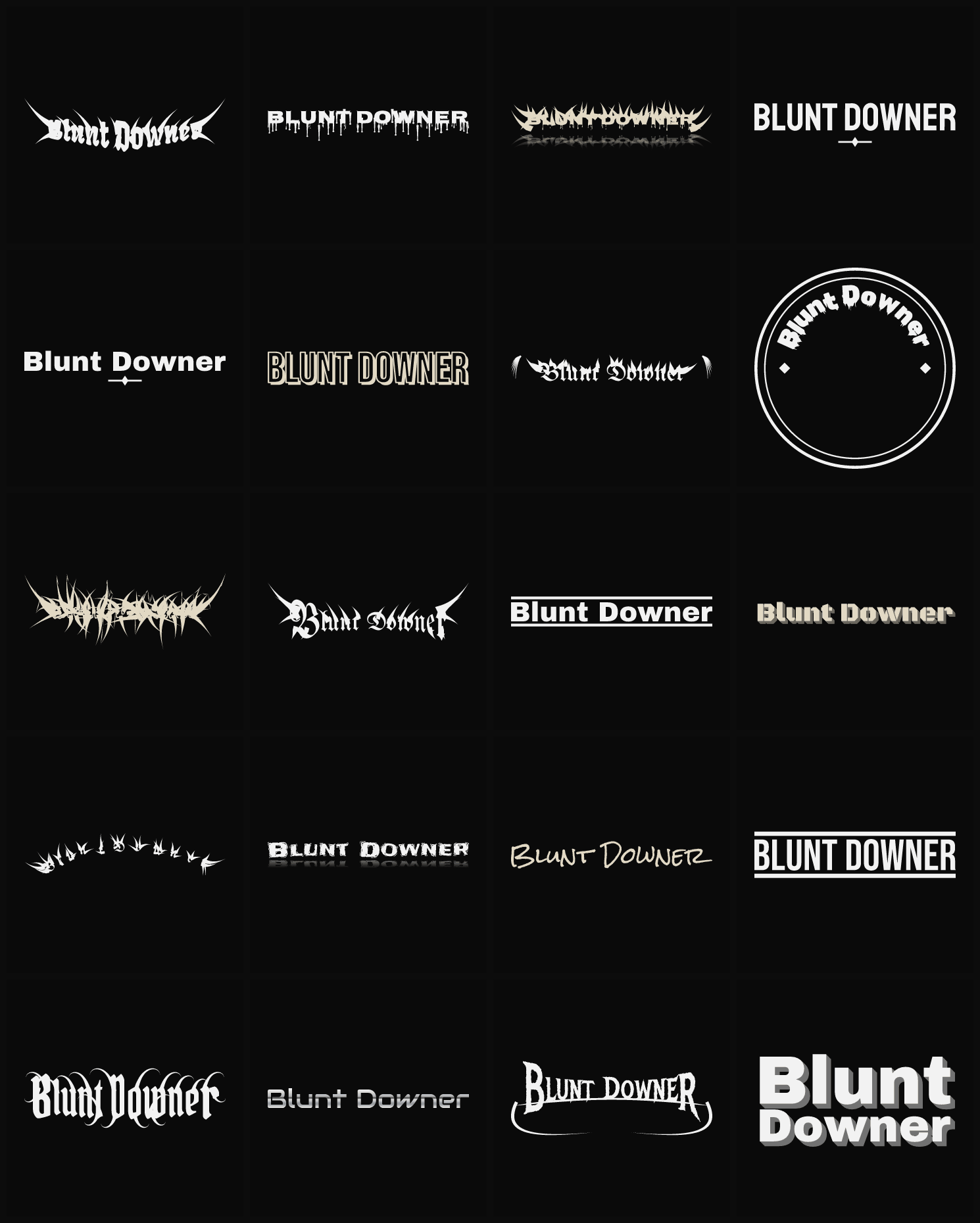 Twenty Blunt Downer band logo ideas — different faces, treatments and spike settings