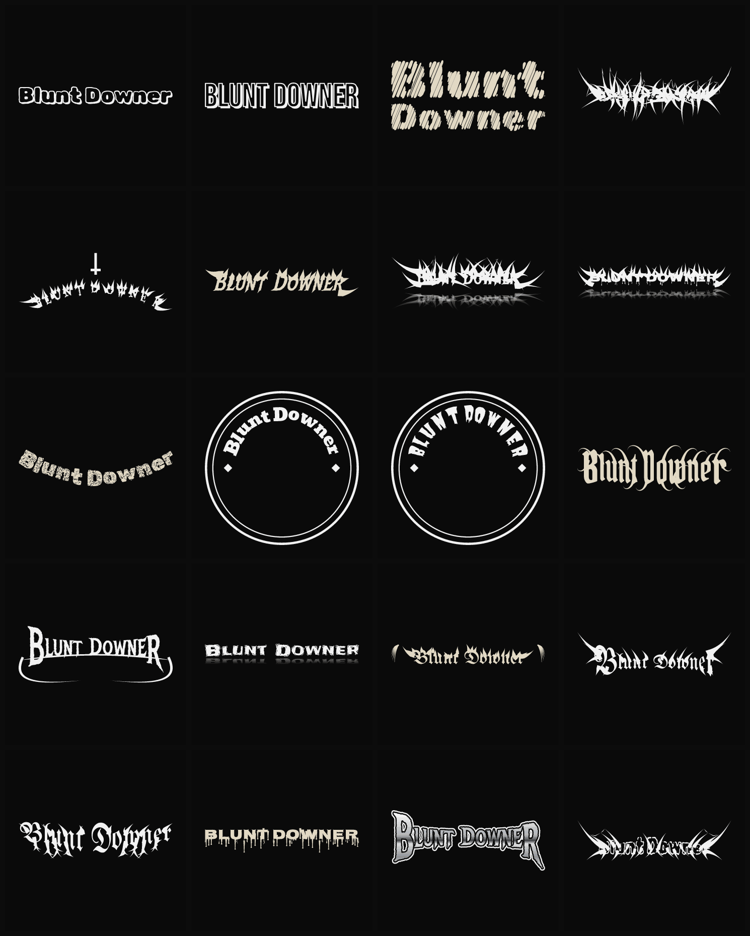 Twenty Blunt Downer band logo ideas — different faces, treatments and spike settings