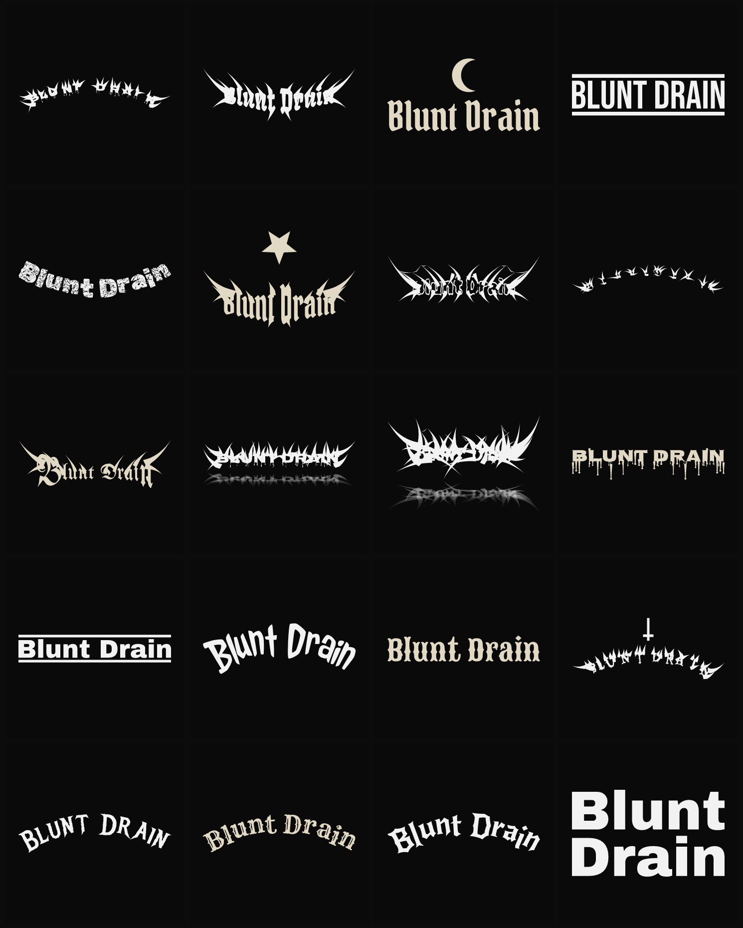 Twenty Blunt Drain band logo ideas — different faces, treatments and spike settings