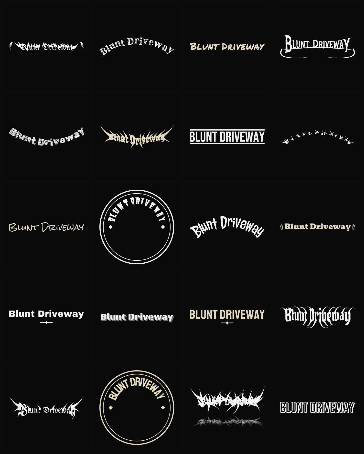 Twenty Blunt Driveway band logo ideas — different faces, treatments and spike settings