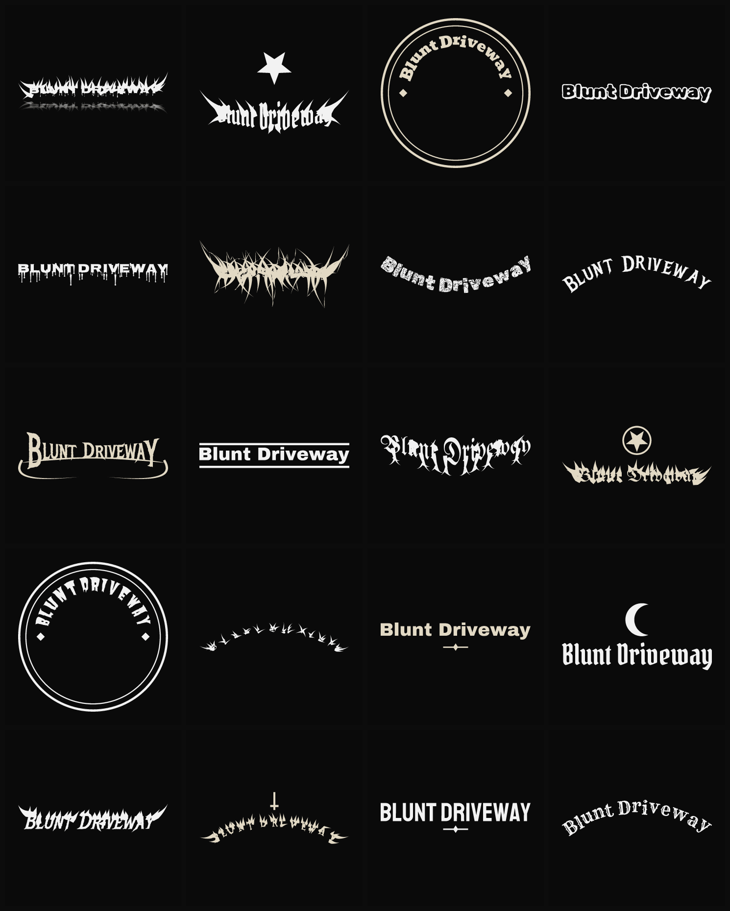 Twenty Blunt Driveway band logo ideas — different faces, treatments and spike settings