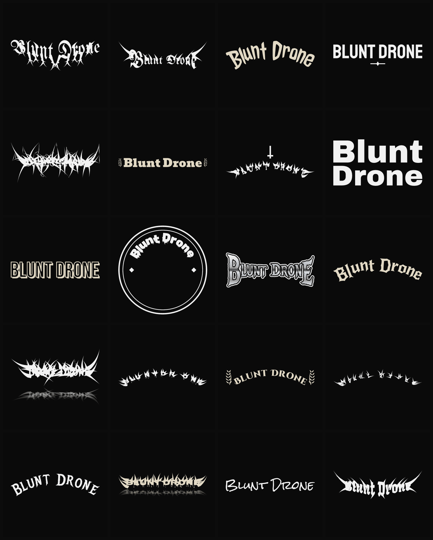 Twenty Blunt Drone band logo ideas — different faces, treatments and spike settings