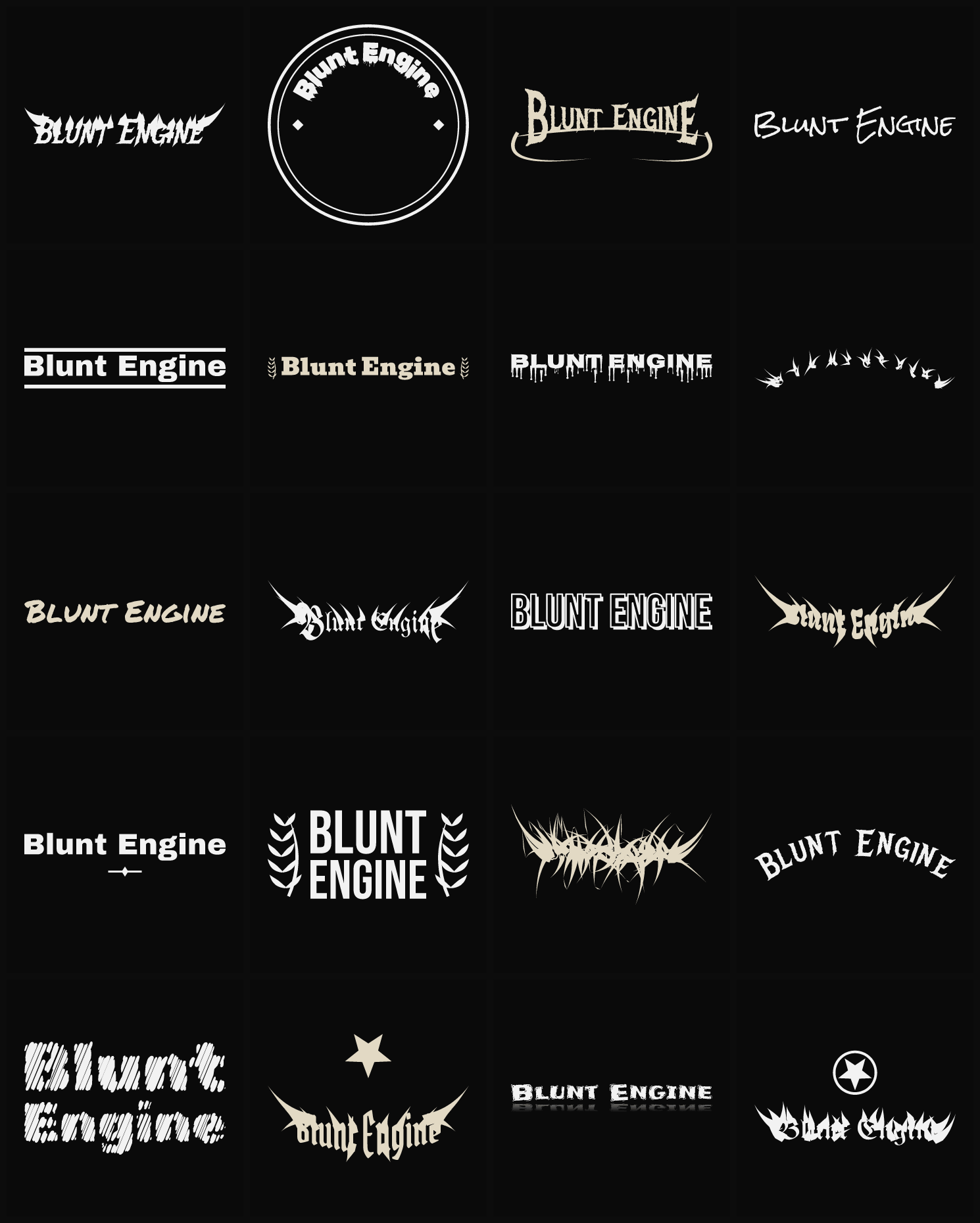 Twenty Blunt Engine band logo ideas — different faces, treatments and spike settings