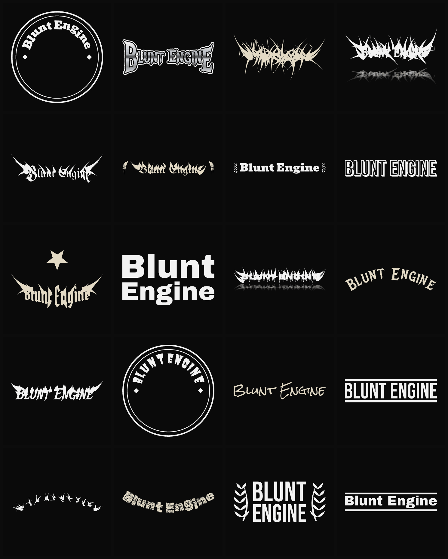 Twenty Blunt Engine band logo ideas — different faces, treatments and spike settings