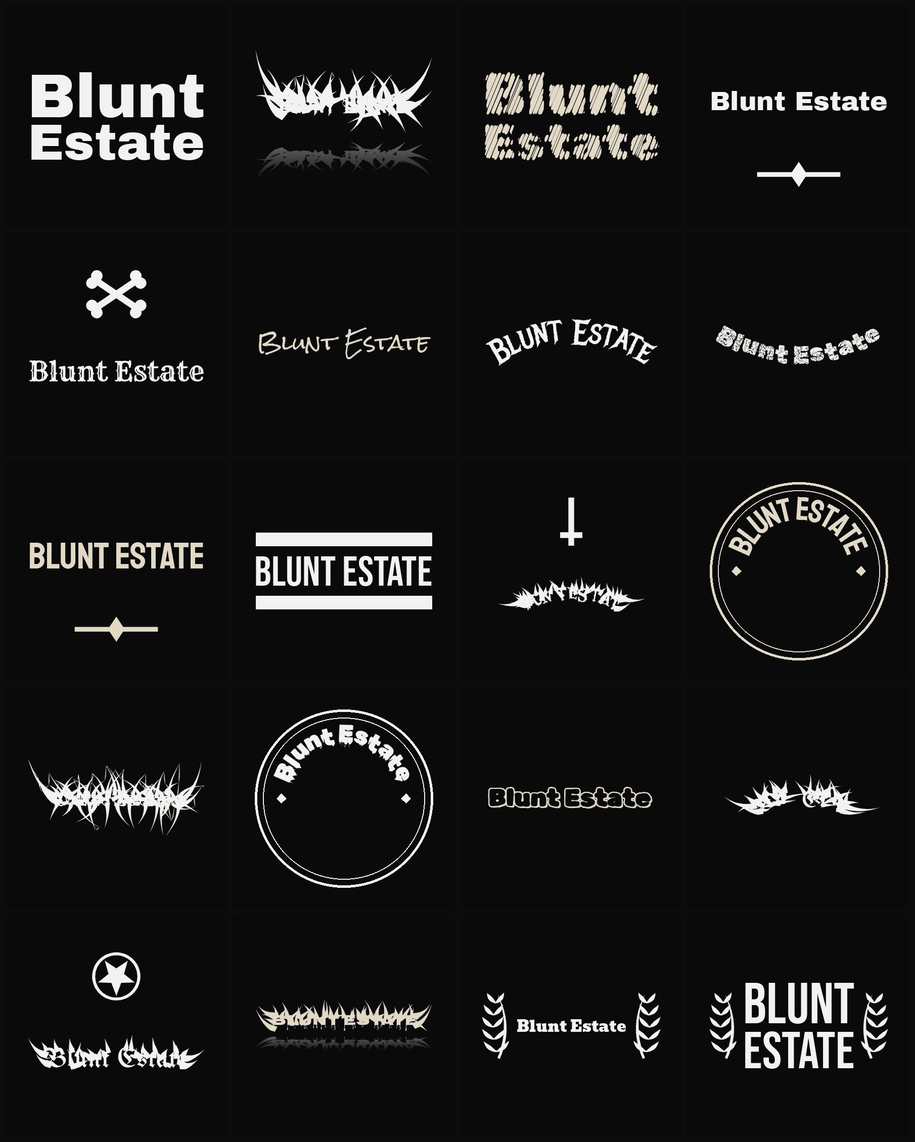 Twenty Blunt Estate band logo ideas — different faces, treatments and spike settings