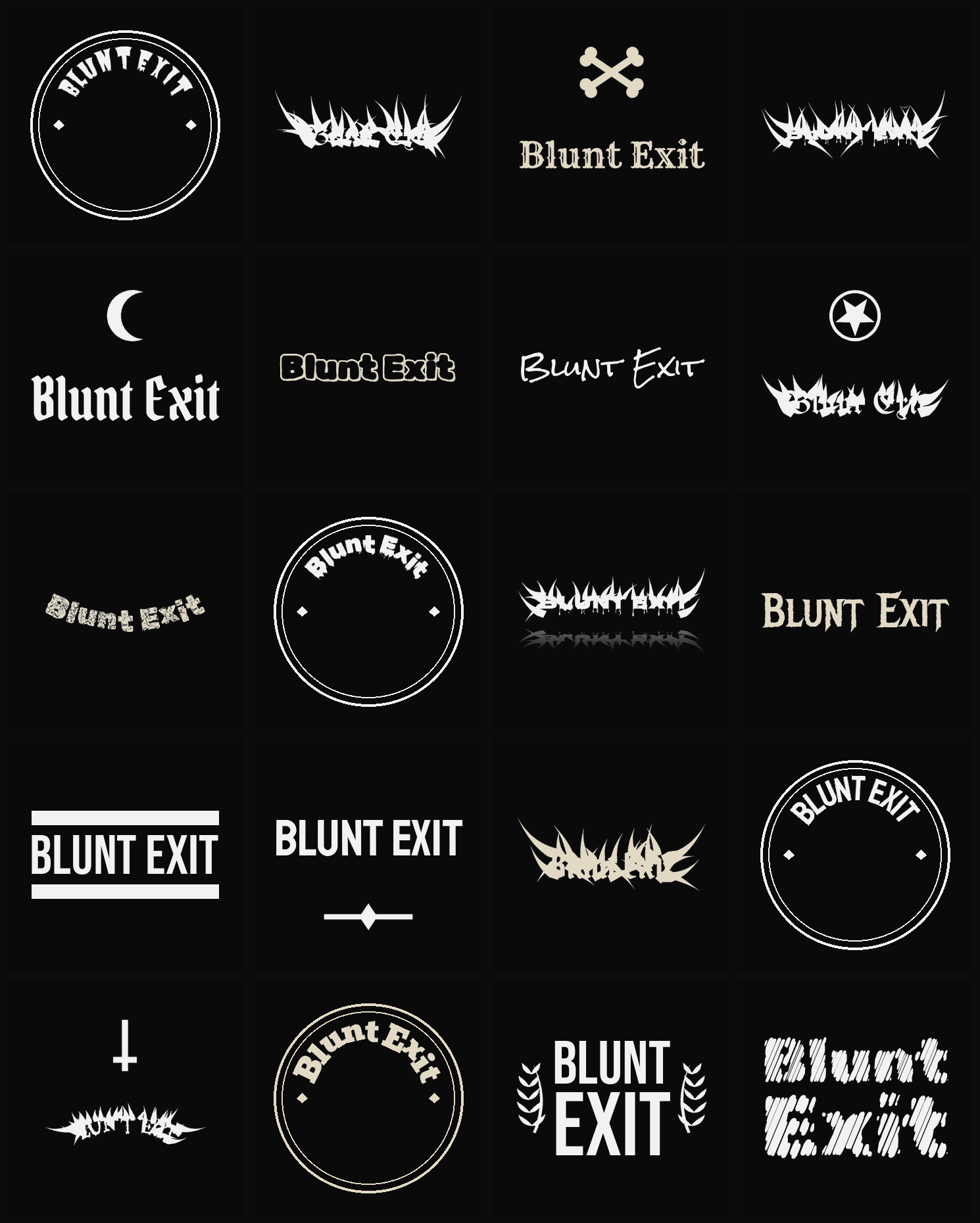 Twenty Blunt Exit band logo ideas — different faces, treatments and spike settings
