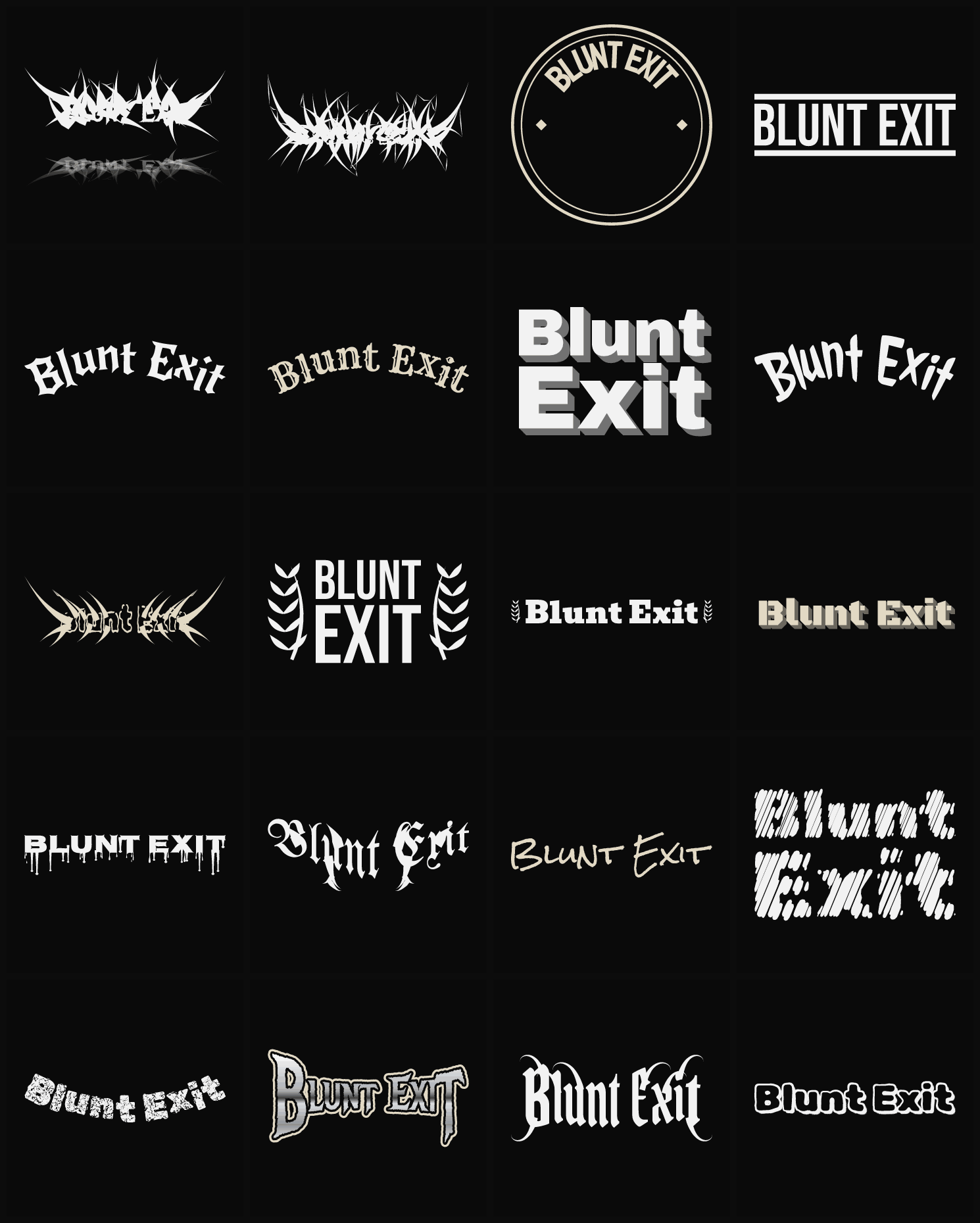 Twenty Blunt Exit band logo ideas — different faces, treatments and spike settings