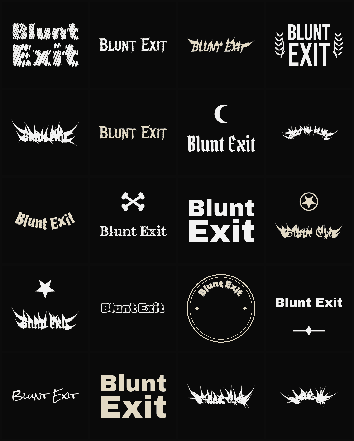 Twenty Blunt Exit band logo ideas — different faces, treatments and spike settings