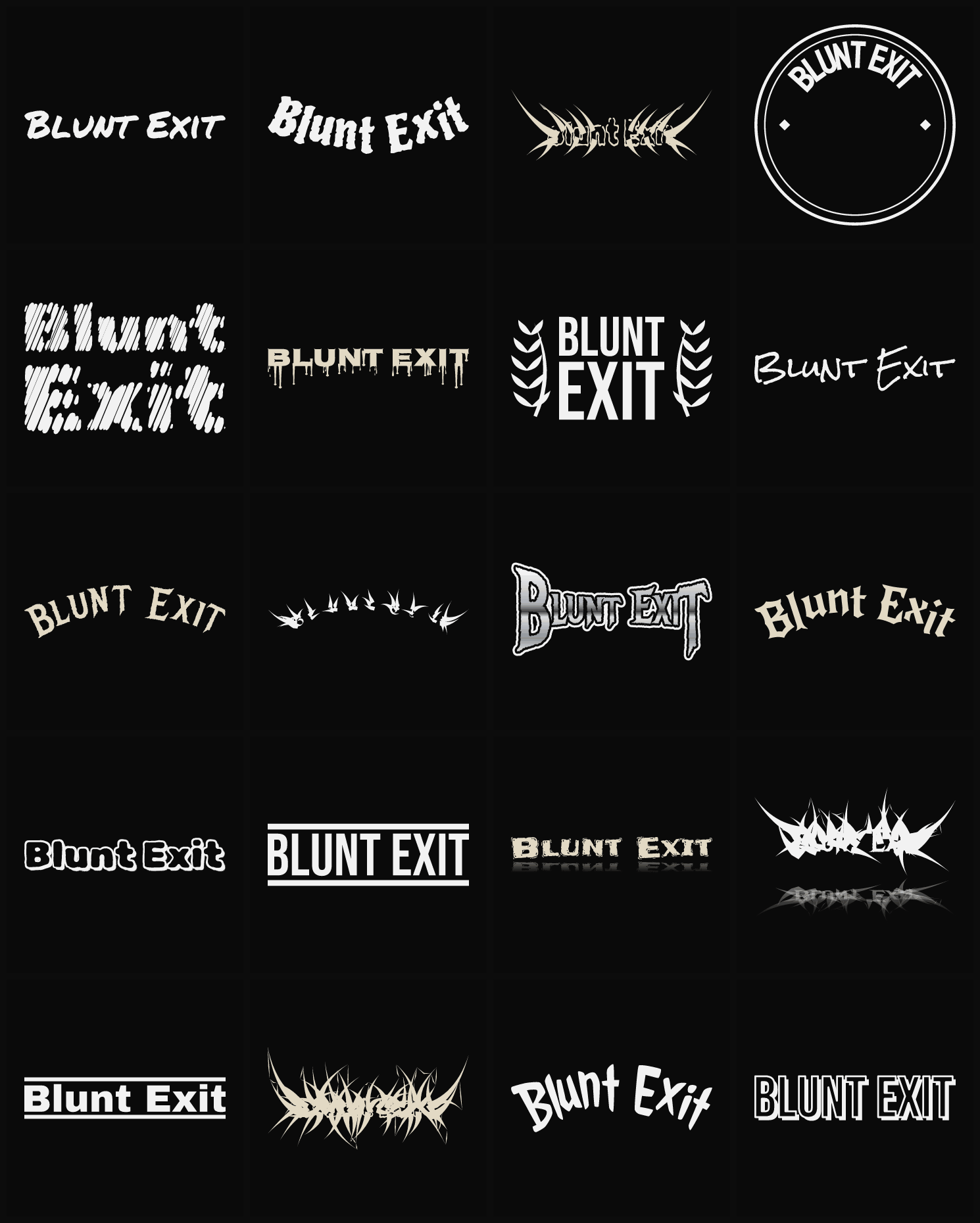 Twenty Blunt Exit band logo ideas — different faces, treatments and spike settings