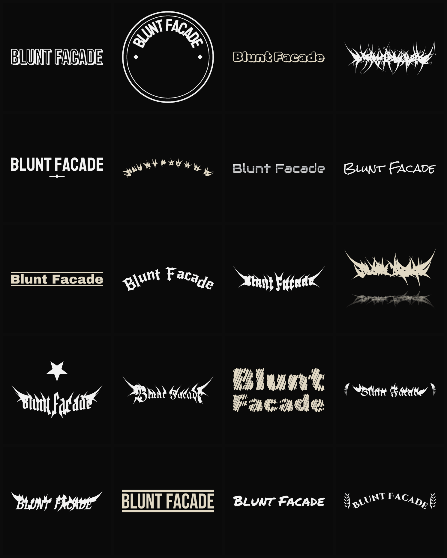 Twenty Blunt Facade band logo ideas — different faces, treatments and spike settings