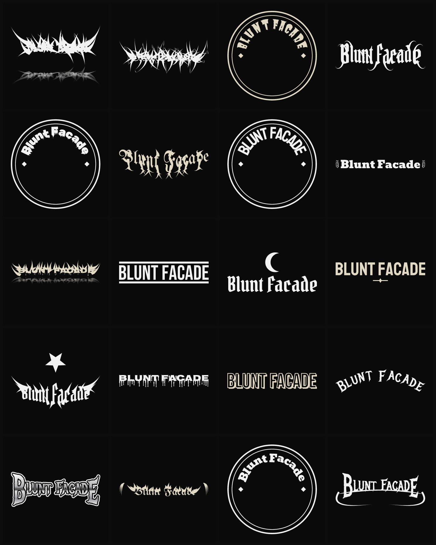 Twenty Blunt Facade band logo ideas — different faces, treatments and spike settings