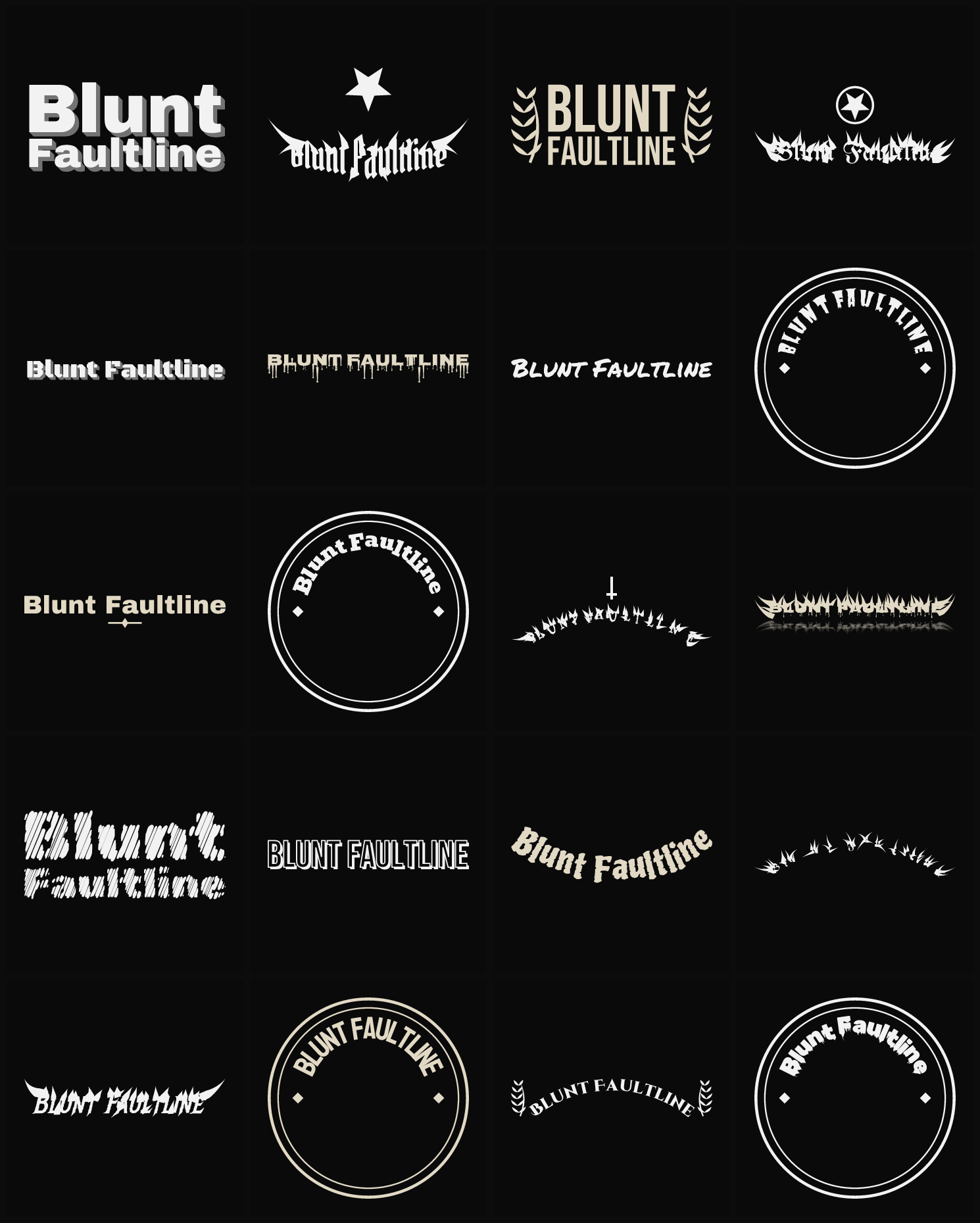 Twenty Blunt Faultline band logo ideas — different faces, treatments and spike settings