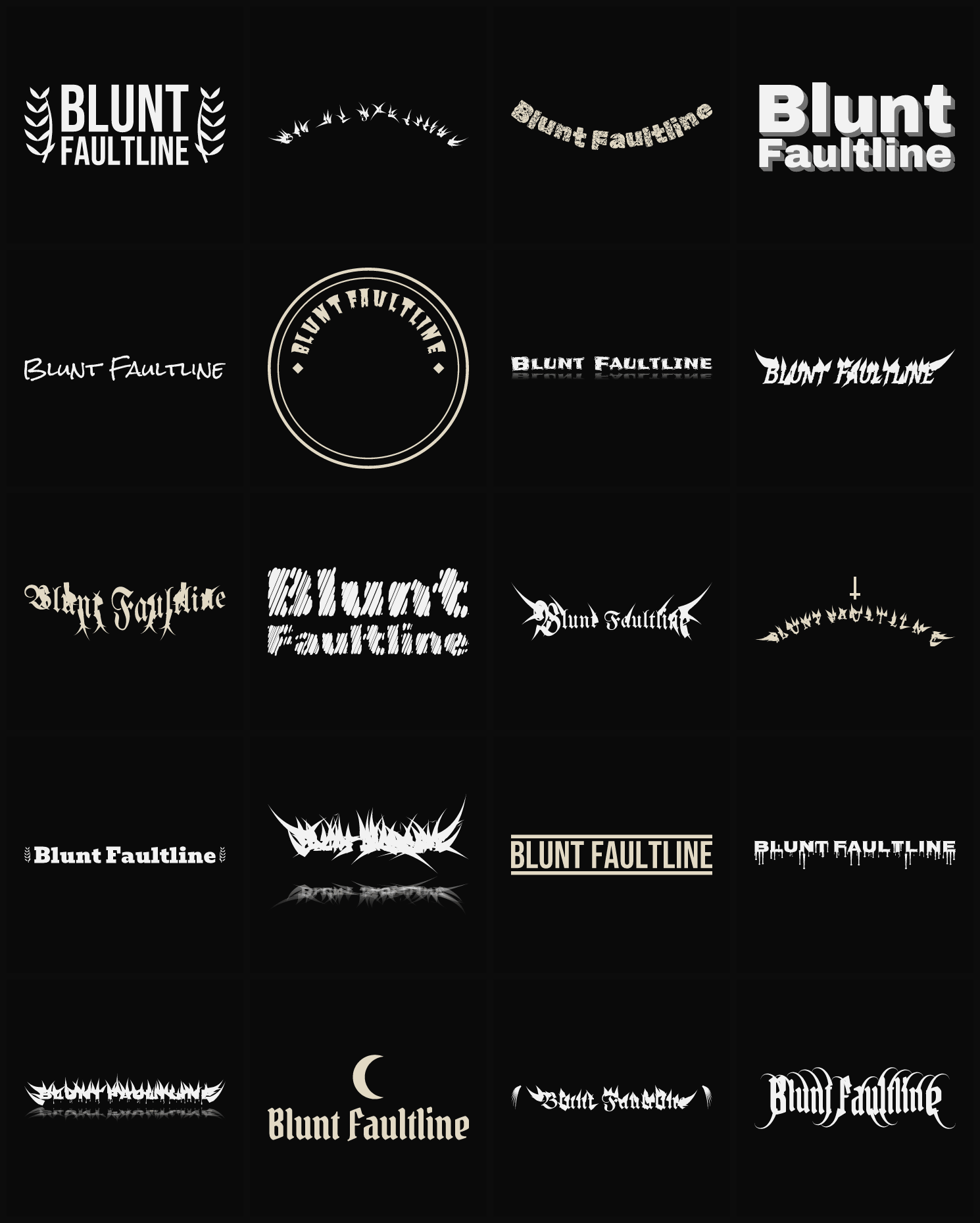 Twenty Blunt Faultline band logo ideas — different faces, treatments and spike settings
