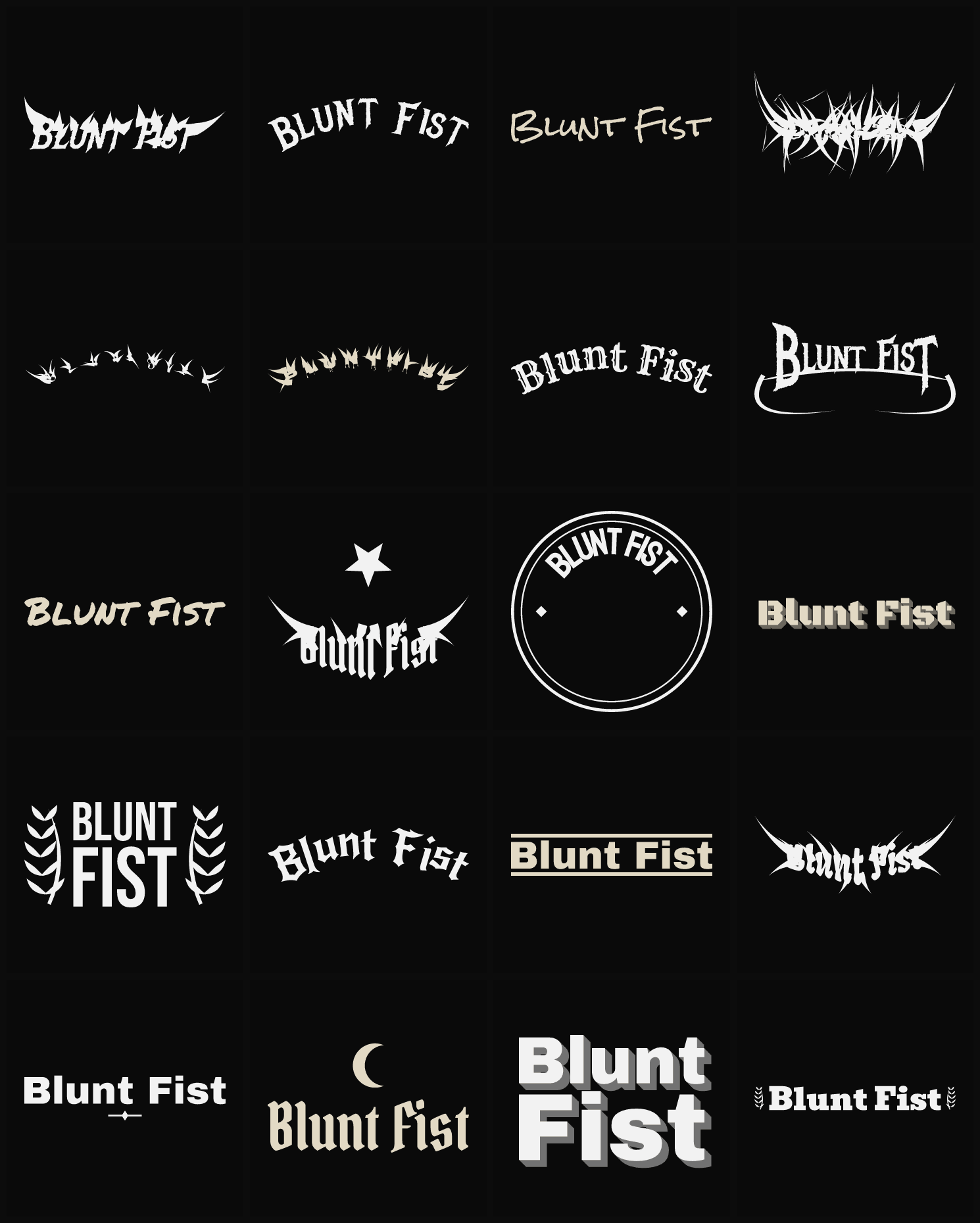 Twenty Blunt Fist band logo ideas — different faces, treatments and spike settings