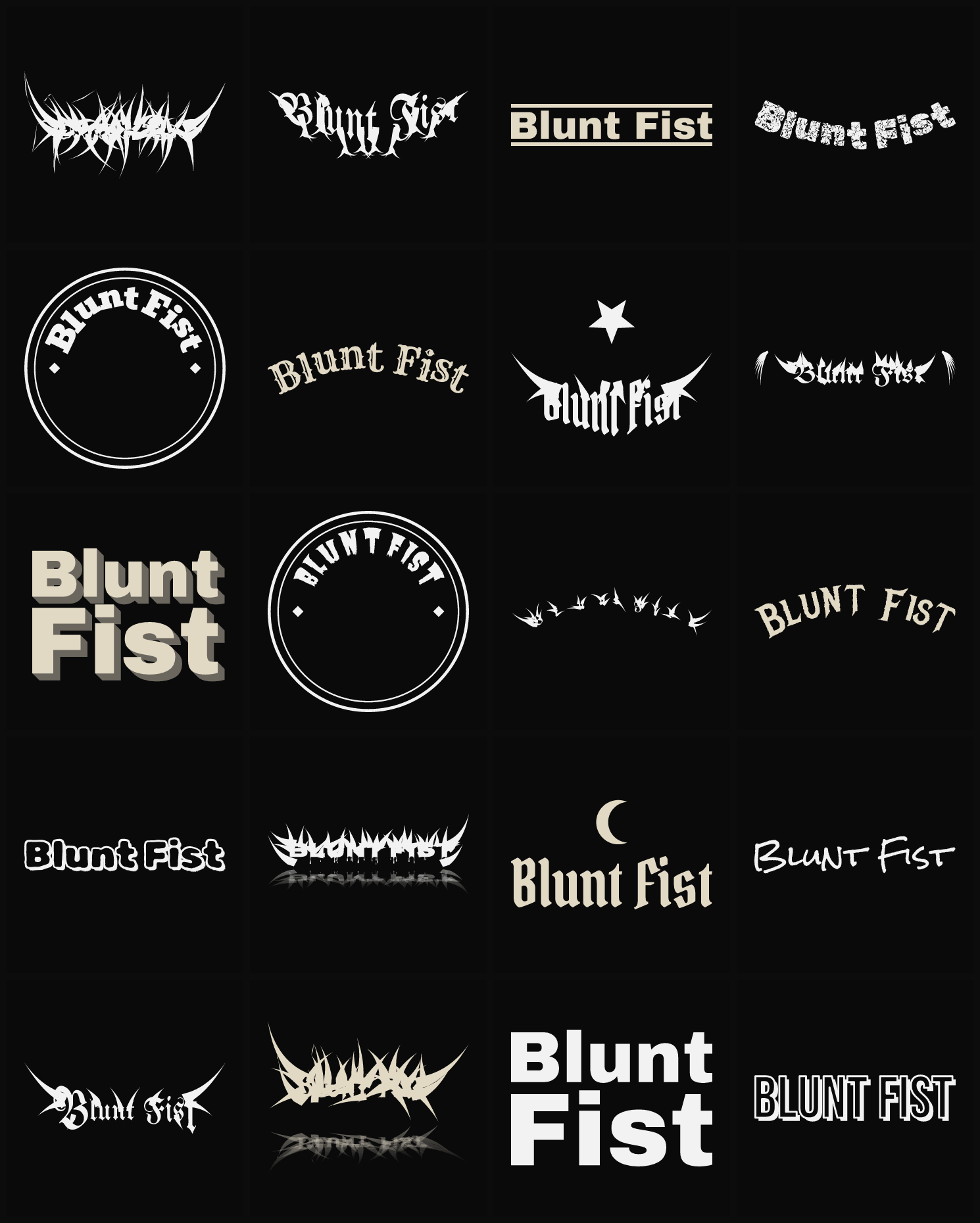 Twenty Blunt Fist band logo ideas — different faces, treatments and spike settings