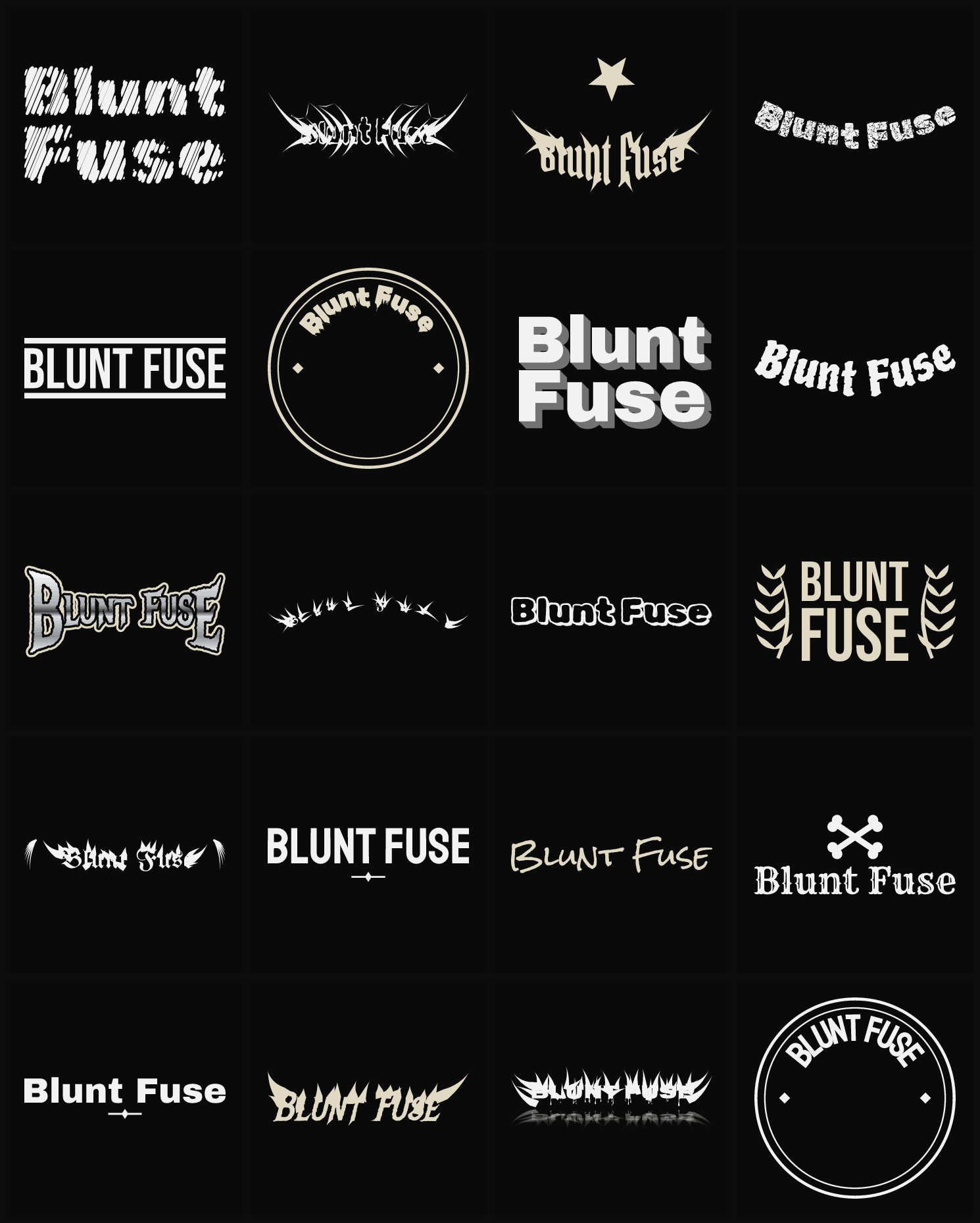 Twenty Blunt Fuse band logo ideas — different faces, treatments and spike settings