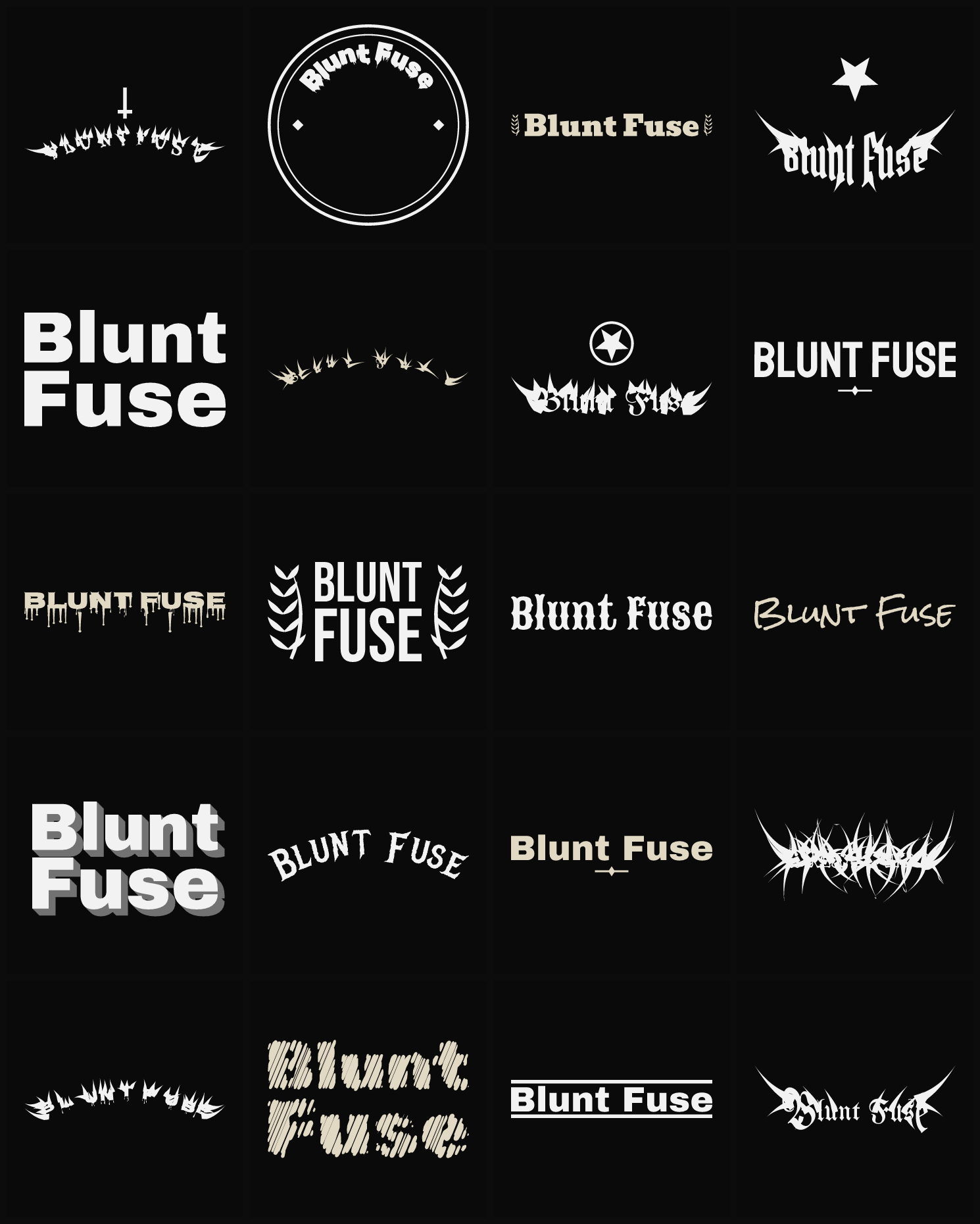 Twenty Blunt Fuse band logo ideas — different faces, treatments and spike settings