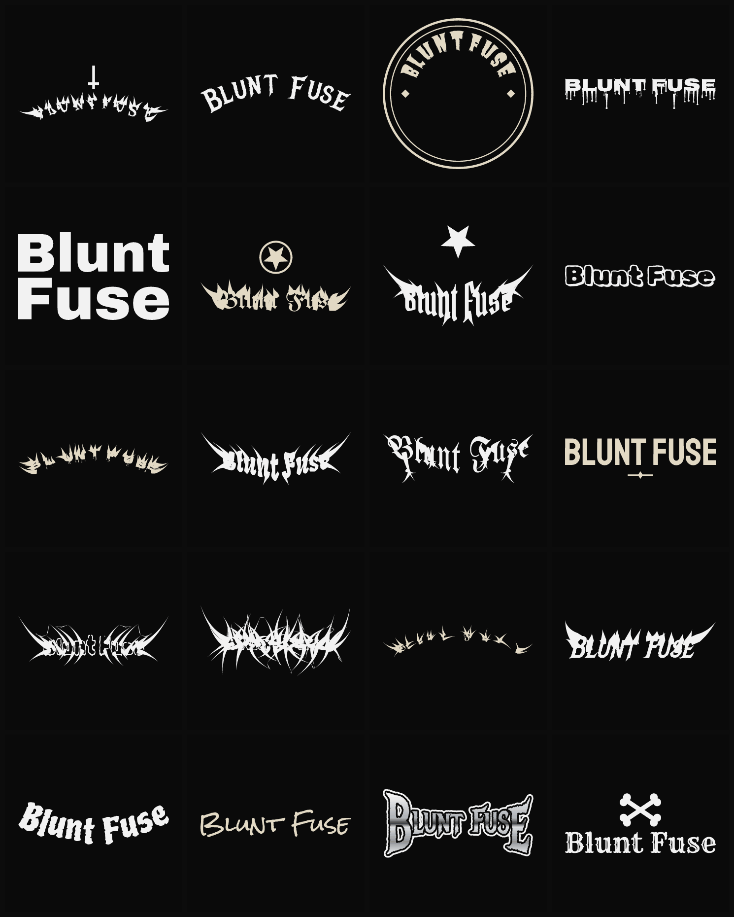 Twenty Blunt Fuse band logo ideas — different faces, treatments and spike settings