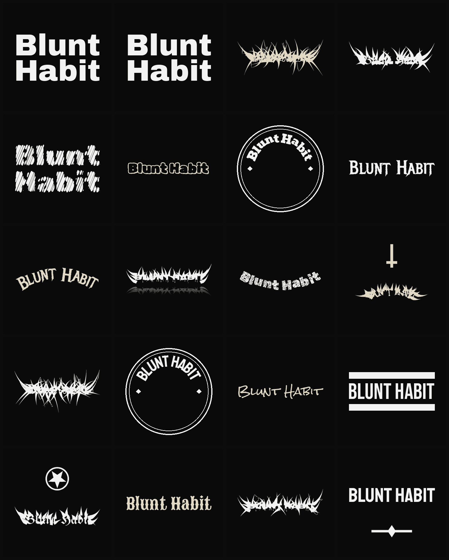 Twenty Blunt Habit band logo ideas — different faces, treatments and spike settings