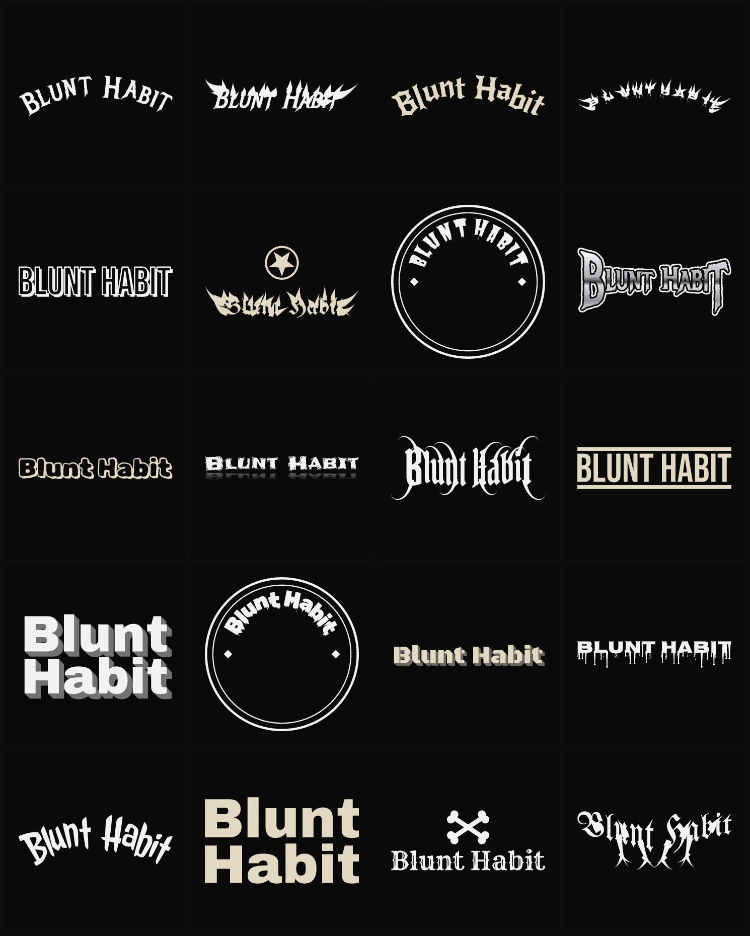 Twenty Blunt Habit band logo ideas — different faces, treatments and spike settings