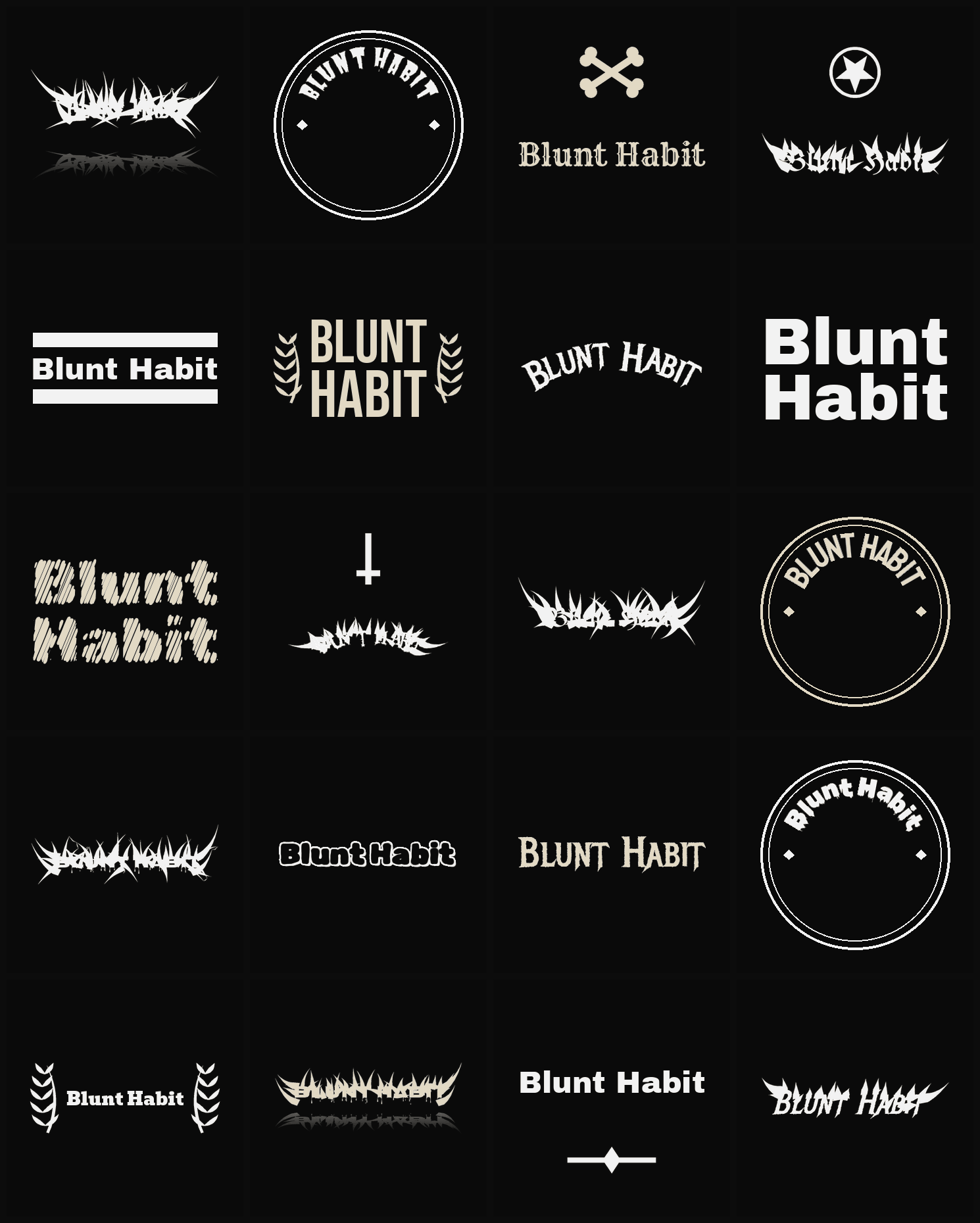 Twenty Blunt Habit band logo ideas — different faces, treatments and spike settings