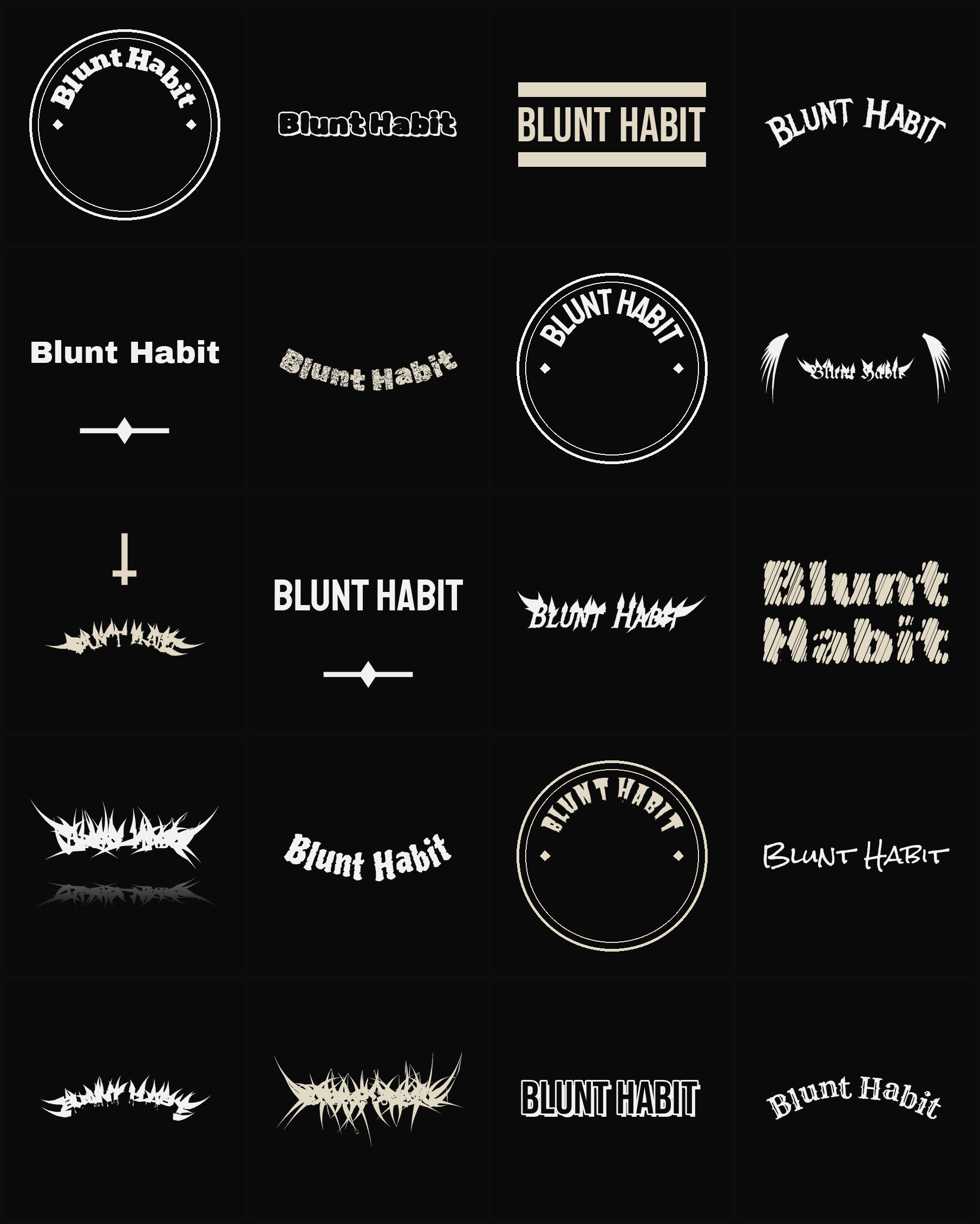 Twenty Blunt Habit band logo ideas — different faces, treatments and spike settings