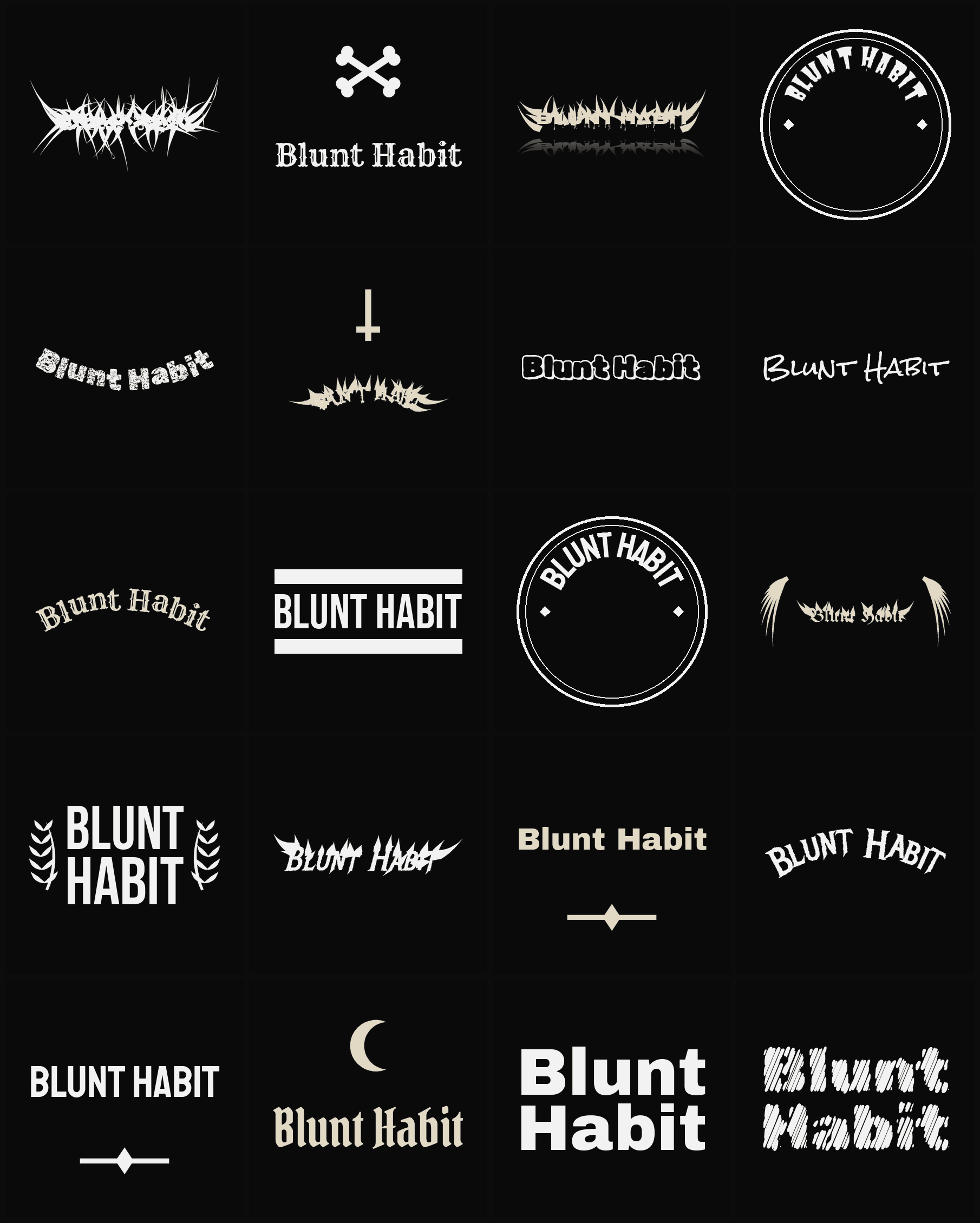 Twenty Blunt Habit band logo ideas — different faces, treatments and spike settings