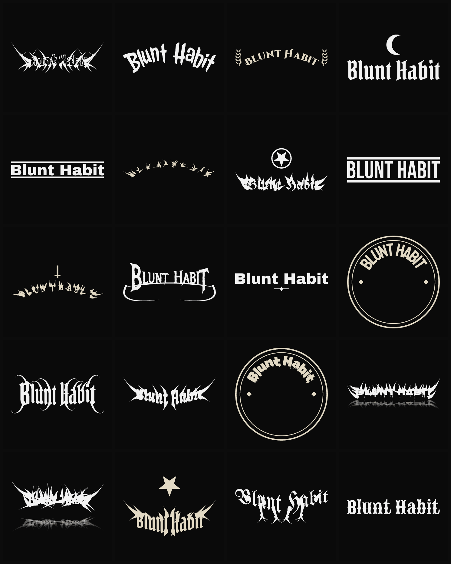 Twenty Blunt Habit band logo ideas — different faces, treatments and spike settings