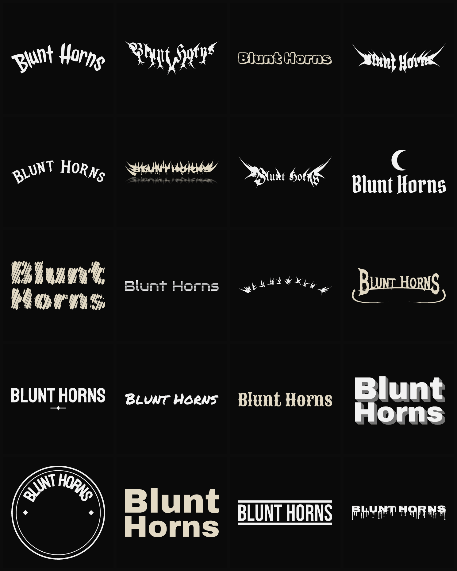 Twenty Blunt Horns band logo ideas — different faces, treatments and spike settings