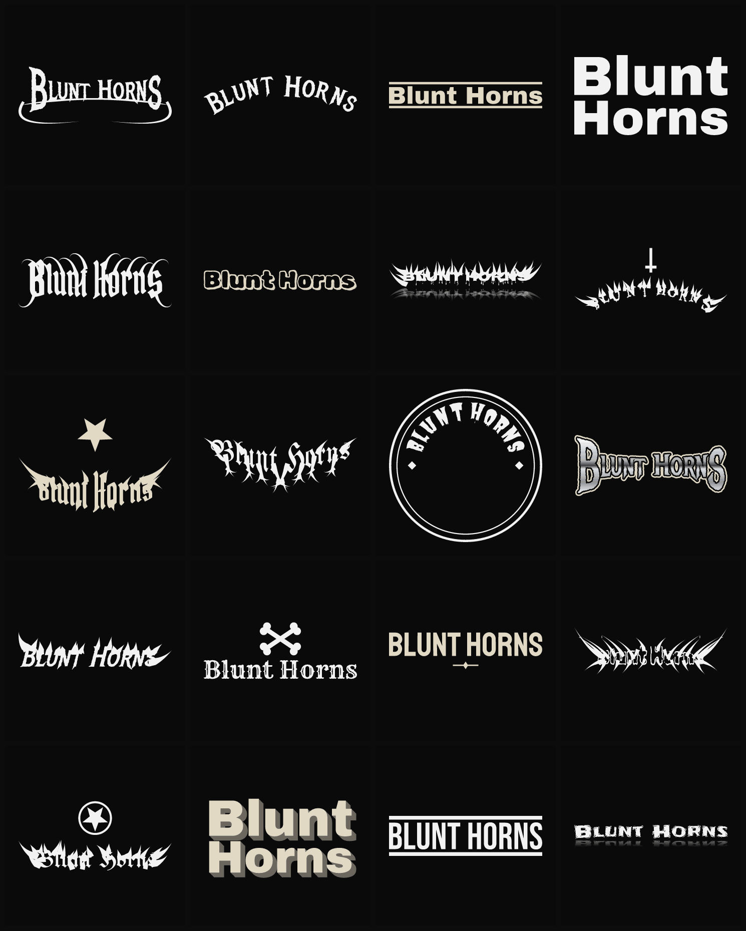 Twenty Blunt Horns band logo ideas — different faces, treatments and spike settings