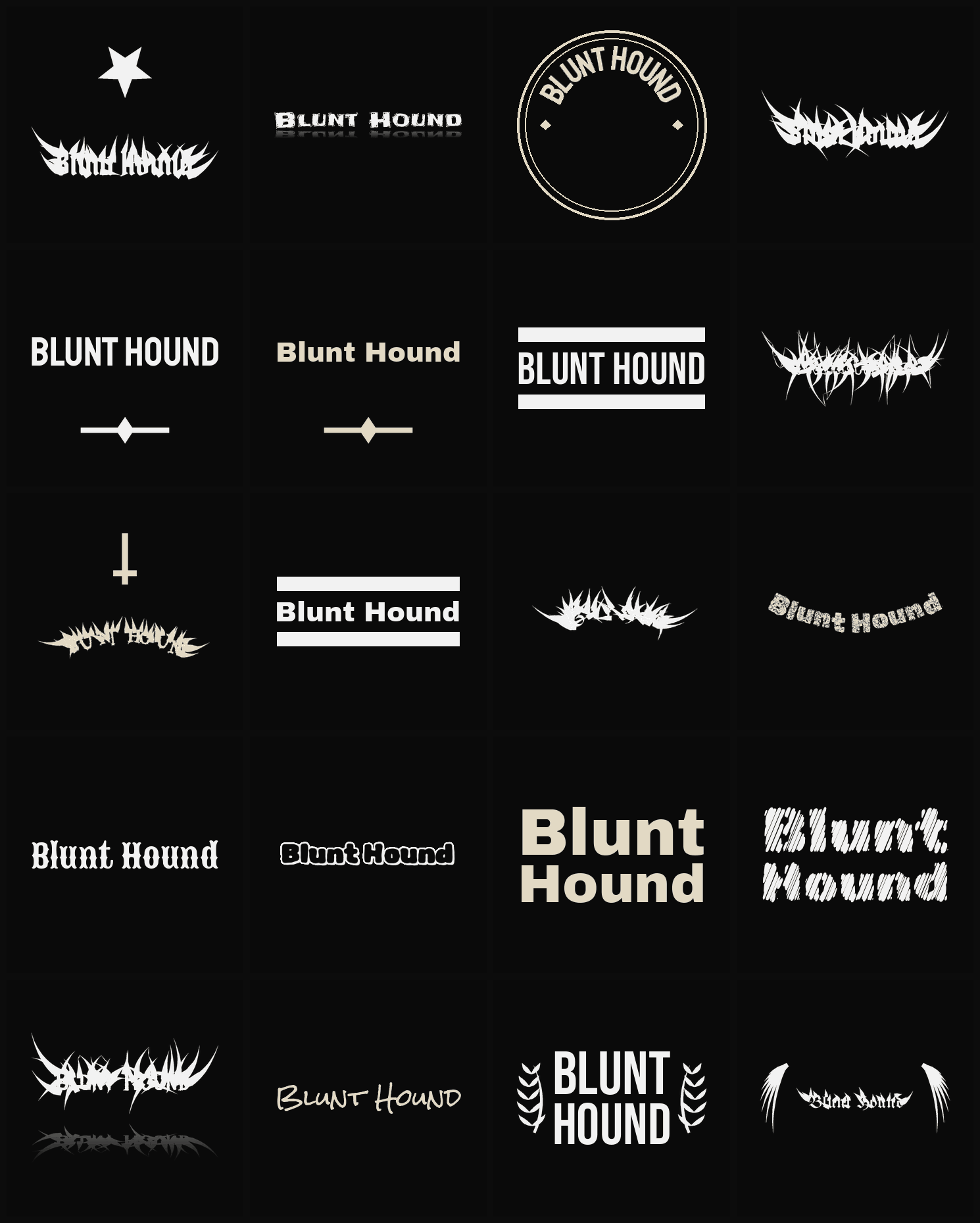 Twenty Blunt Hound band logo ideas — different faces, treatments and spike settings