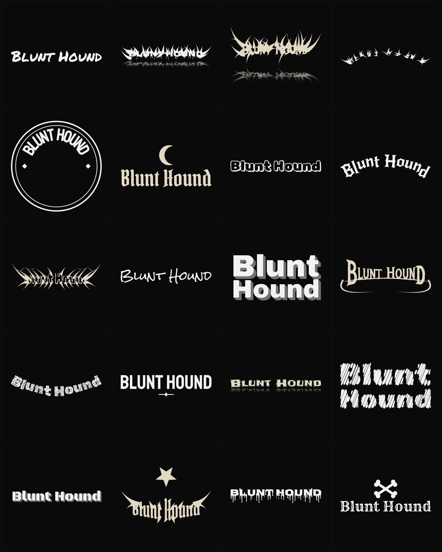 Twenty Blunt Hound band logo ideas — different faces, treatments and spike settings