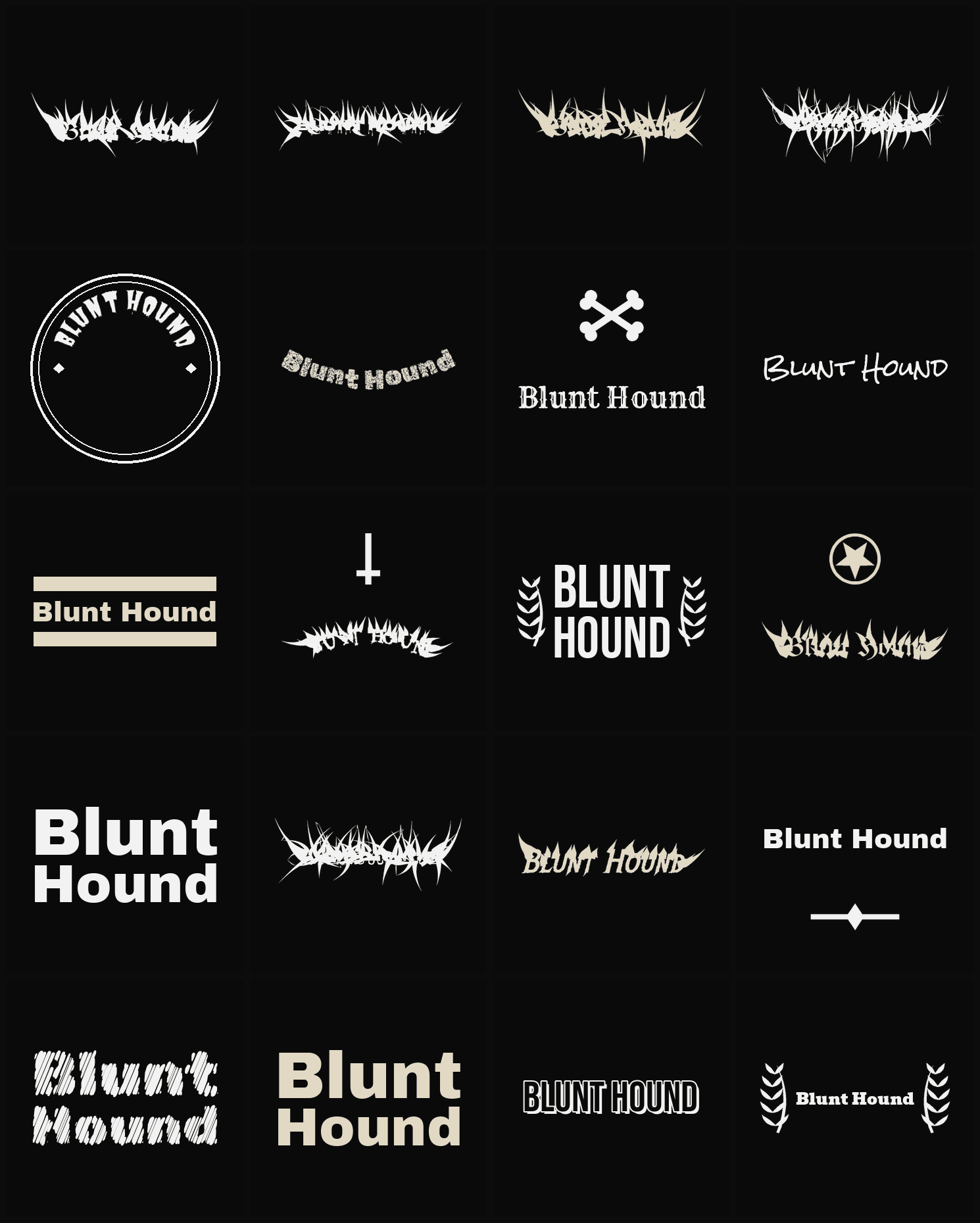 Twenty Blunt Hound band logo ideas — different faces, treatments and spike settings
