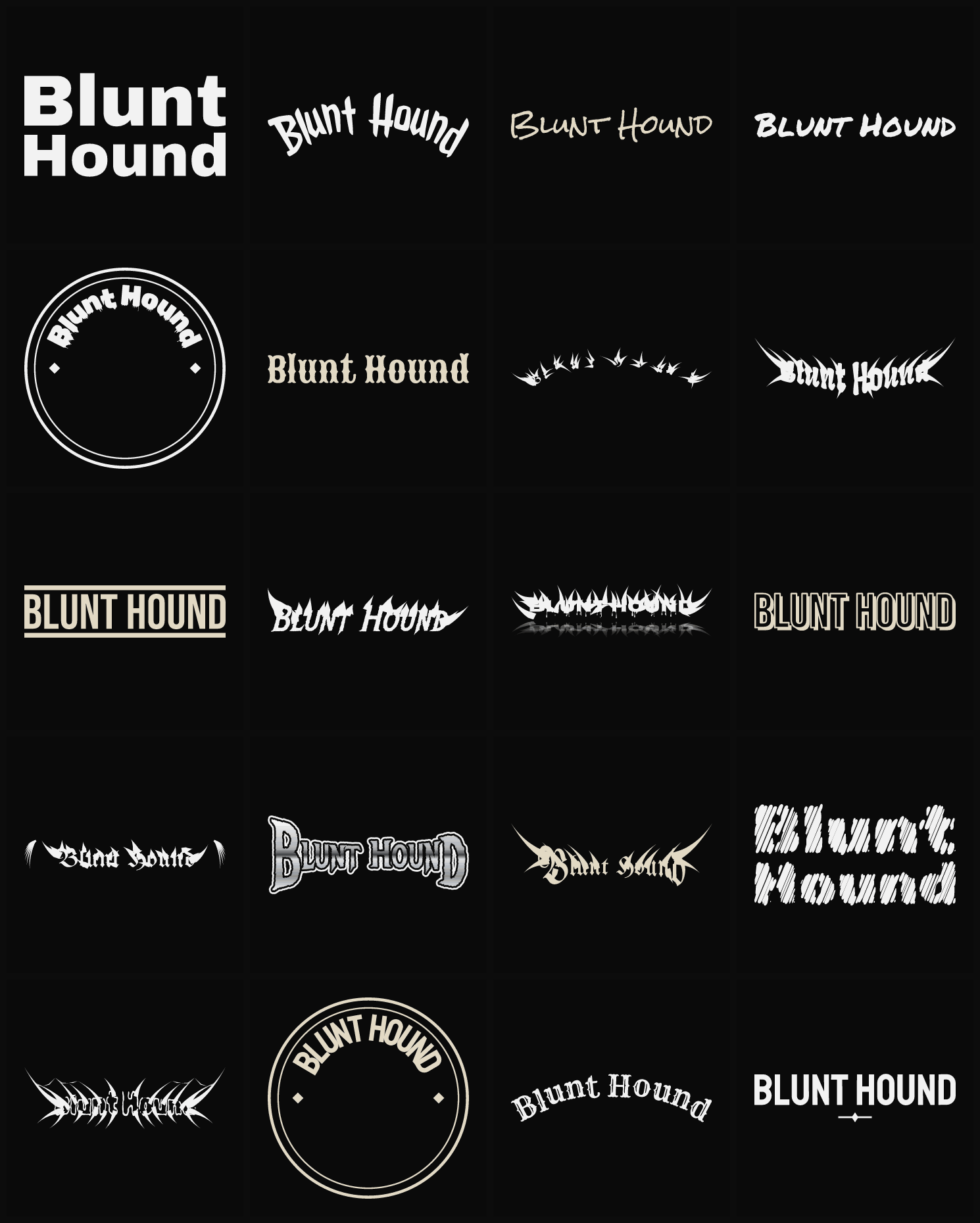 Twenty Blunt Hound band logo ideas — different faces, treatments and spike settings