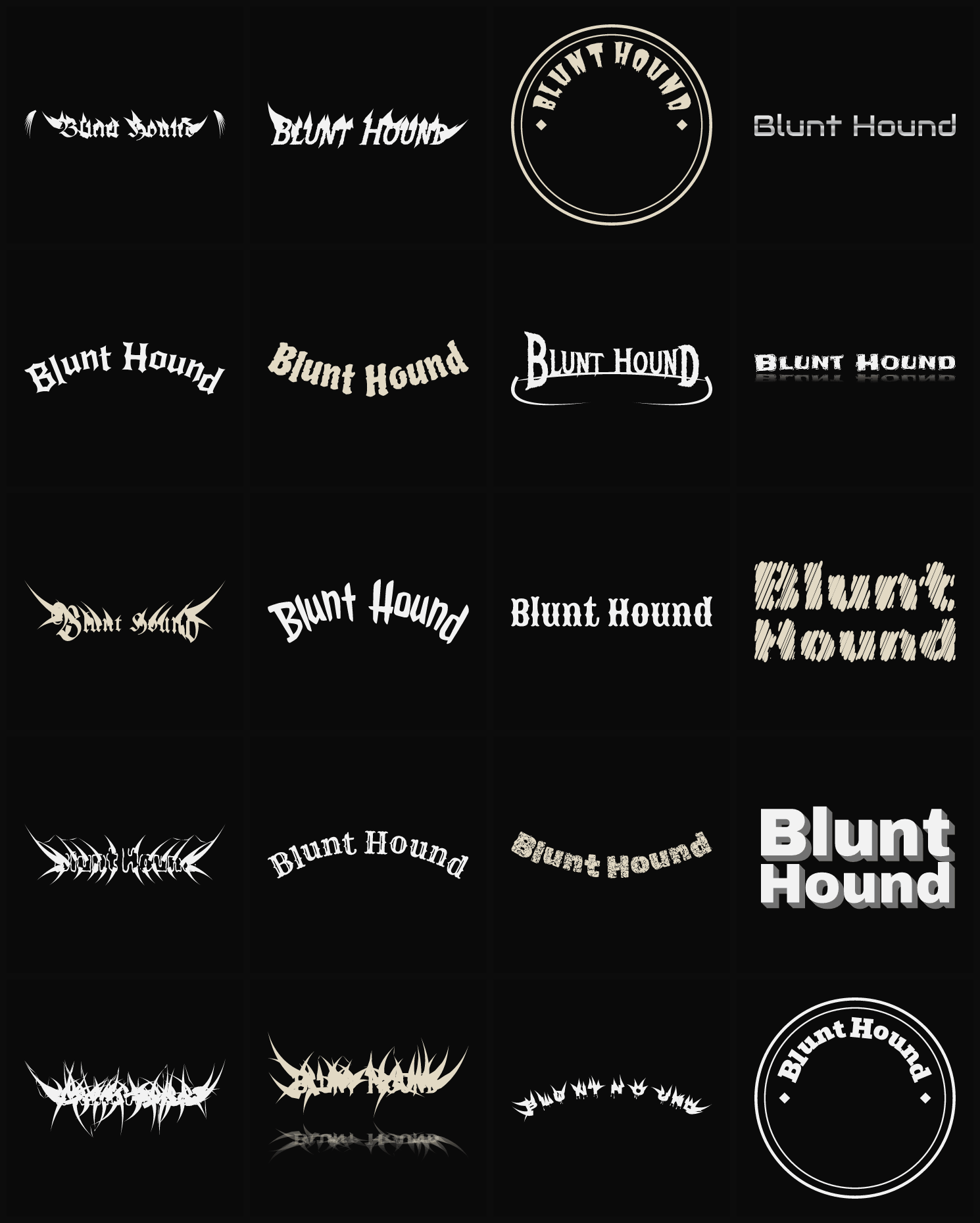 Twenty Blunt Hound band logo ideas — different faces, treatments and spike settings