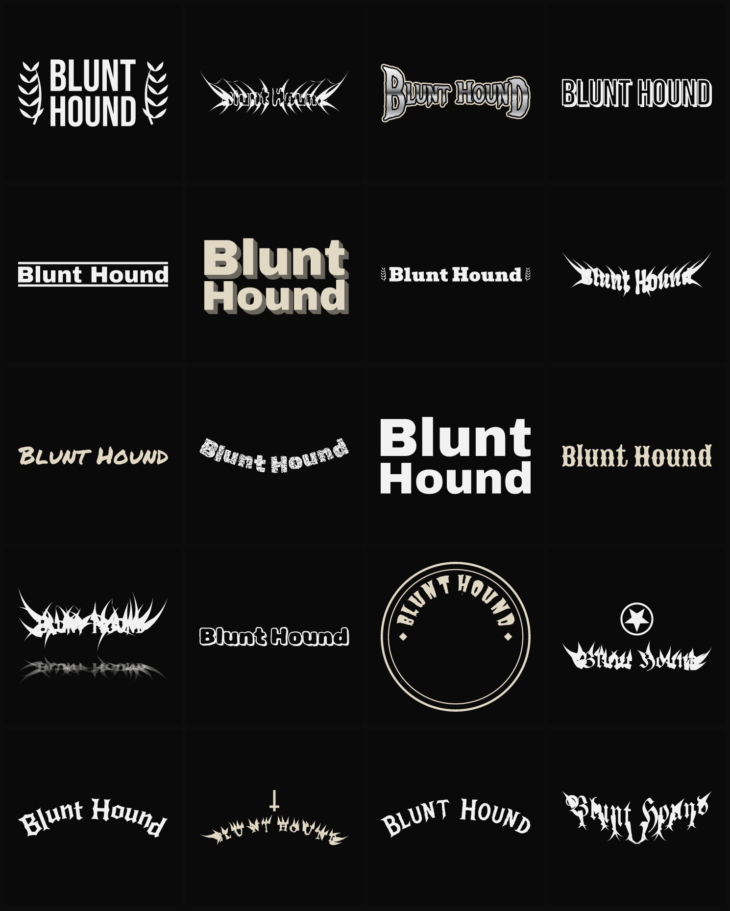 Twenty Blunt Hound band logo ideas — different faces, treatments and spike settings