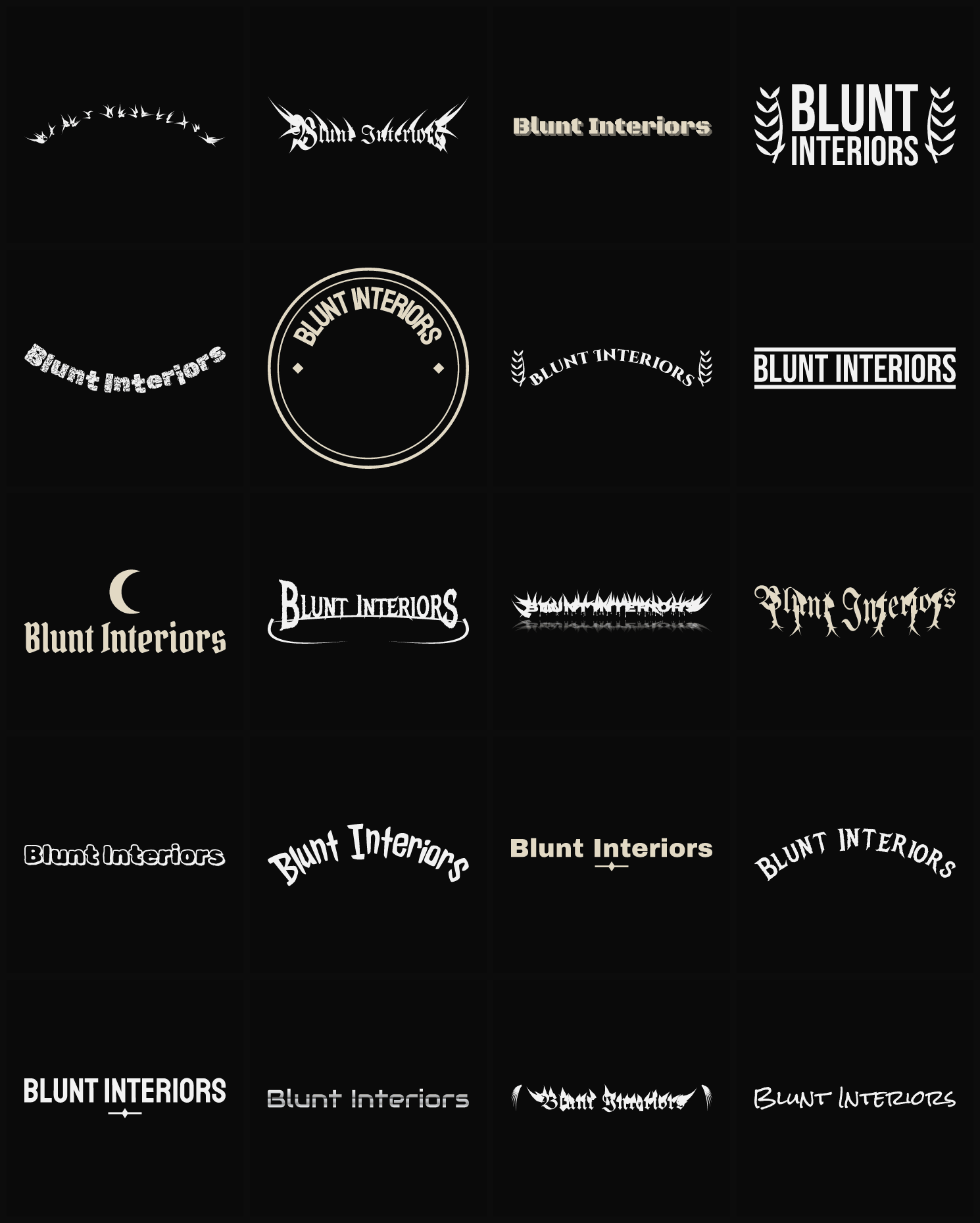Twenty Blunt Interiors band logo ideas — different faces, treatments and spike settings