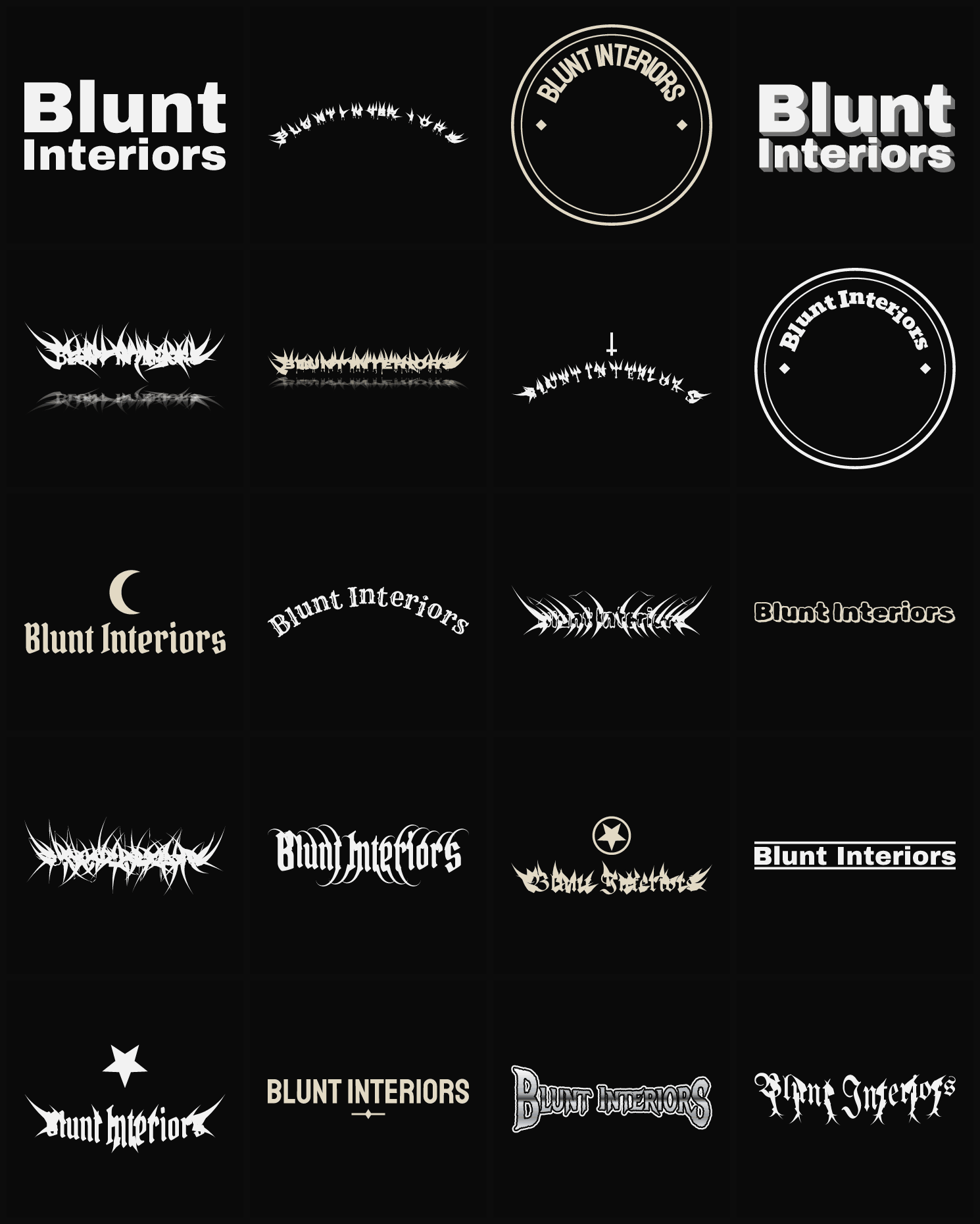 Twenty Blunt Interiors band logo ideas — different faces, treatments and spike settings