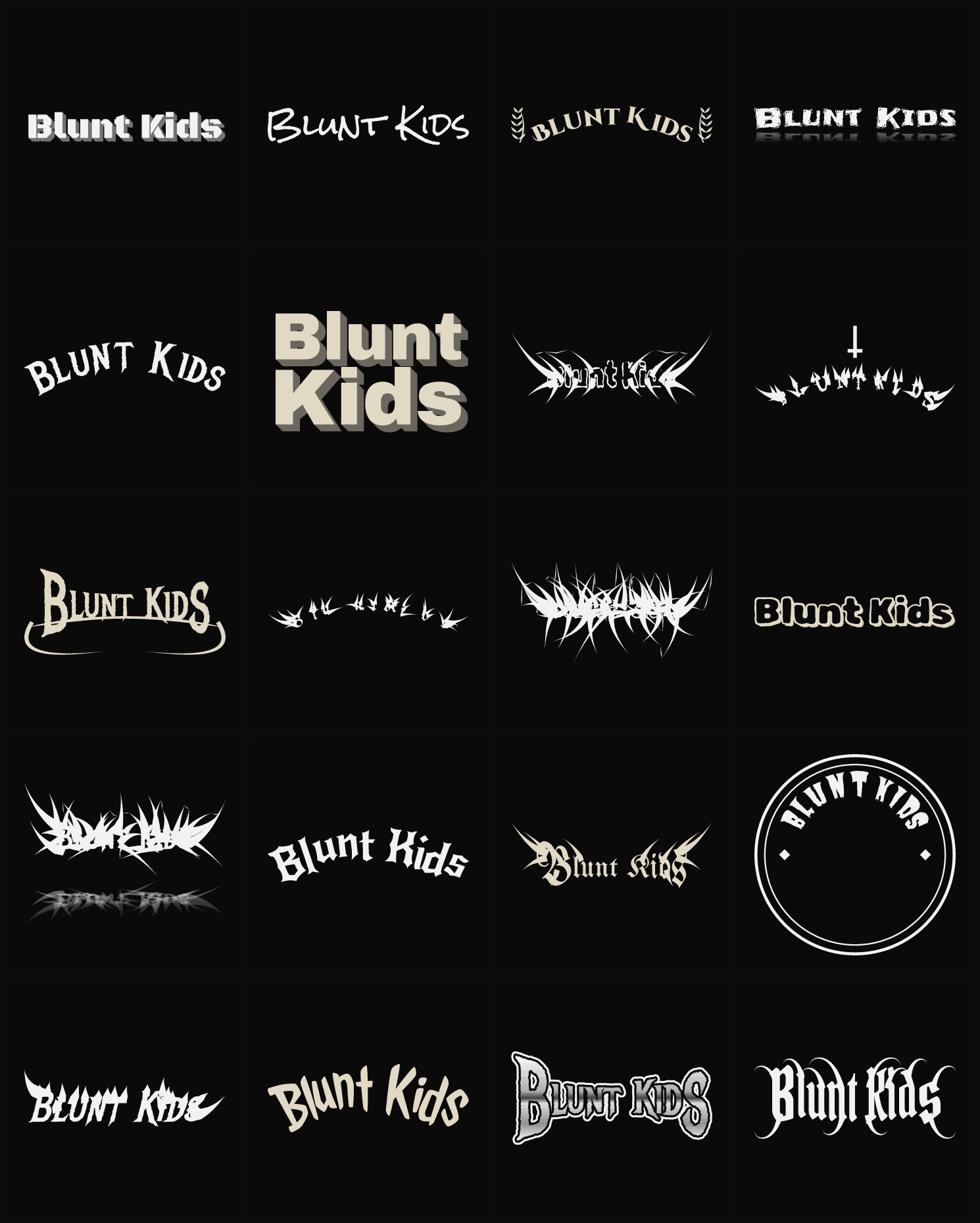 Twenty Blunt Kids band logo ideas — different faces, treatments and spike settings