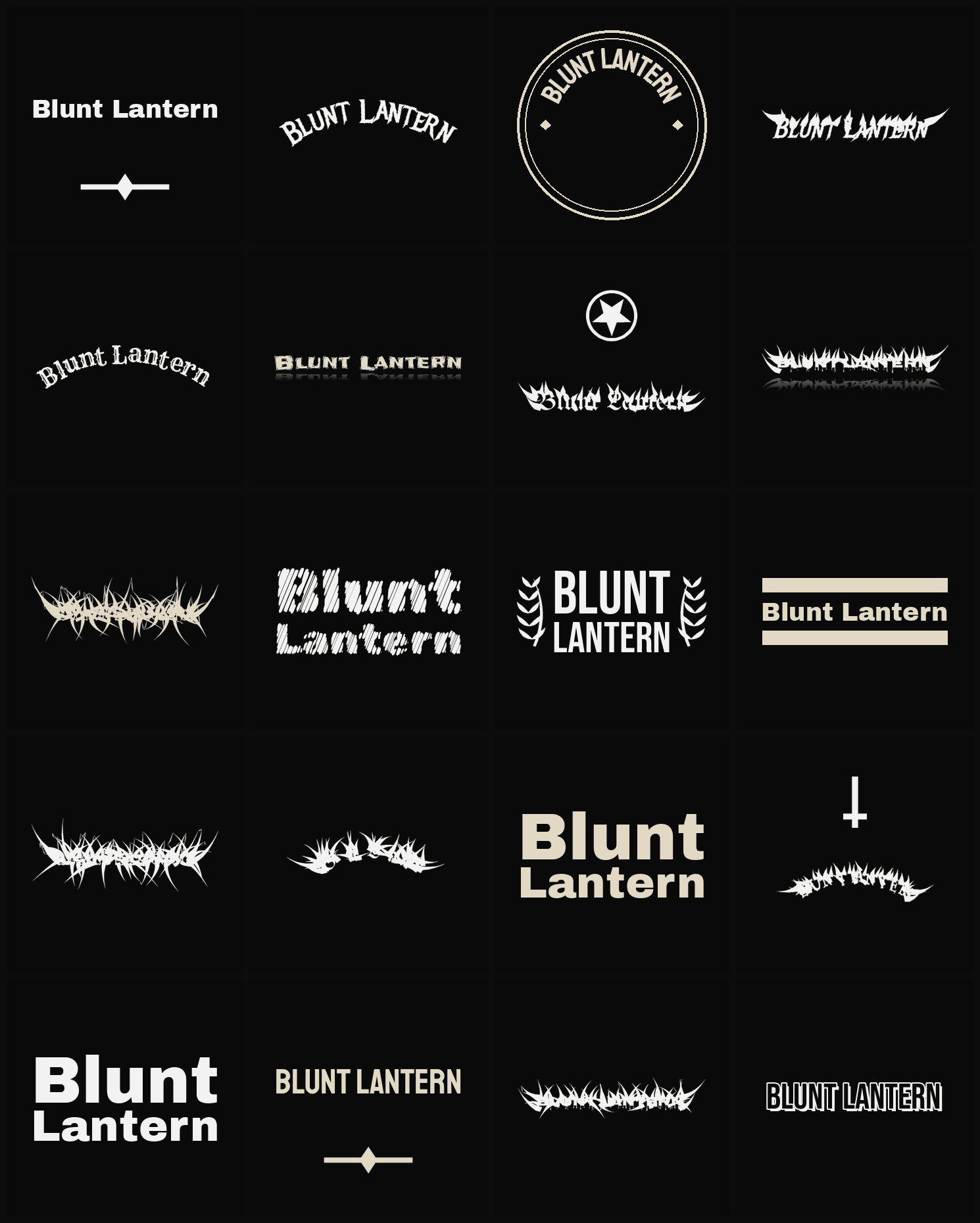 Twenty Blunt Lantern band logo ideas — different faces, treatments and spike settings