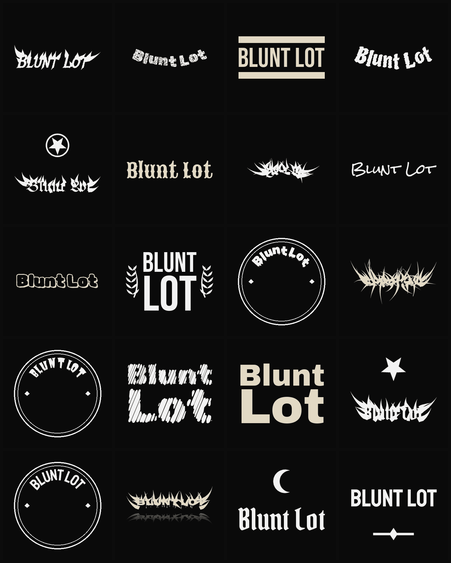 Twenty Blunt Lot band logo ideas — different faces, treatments and spike settings