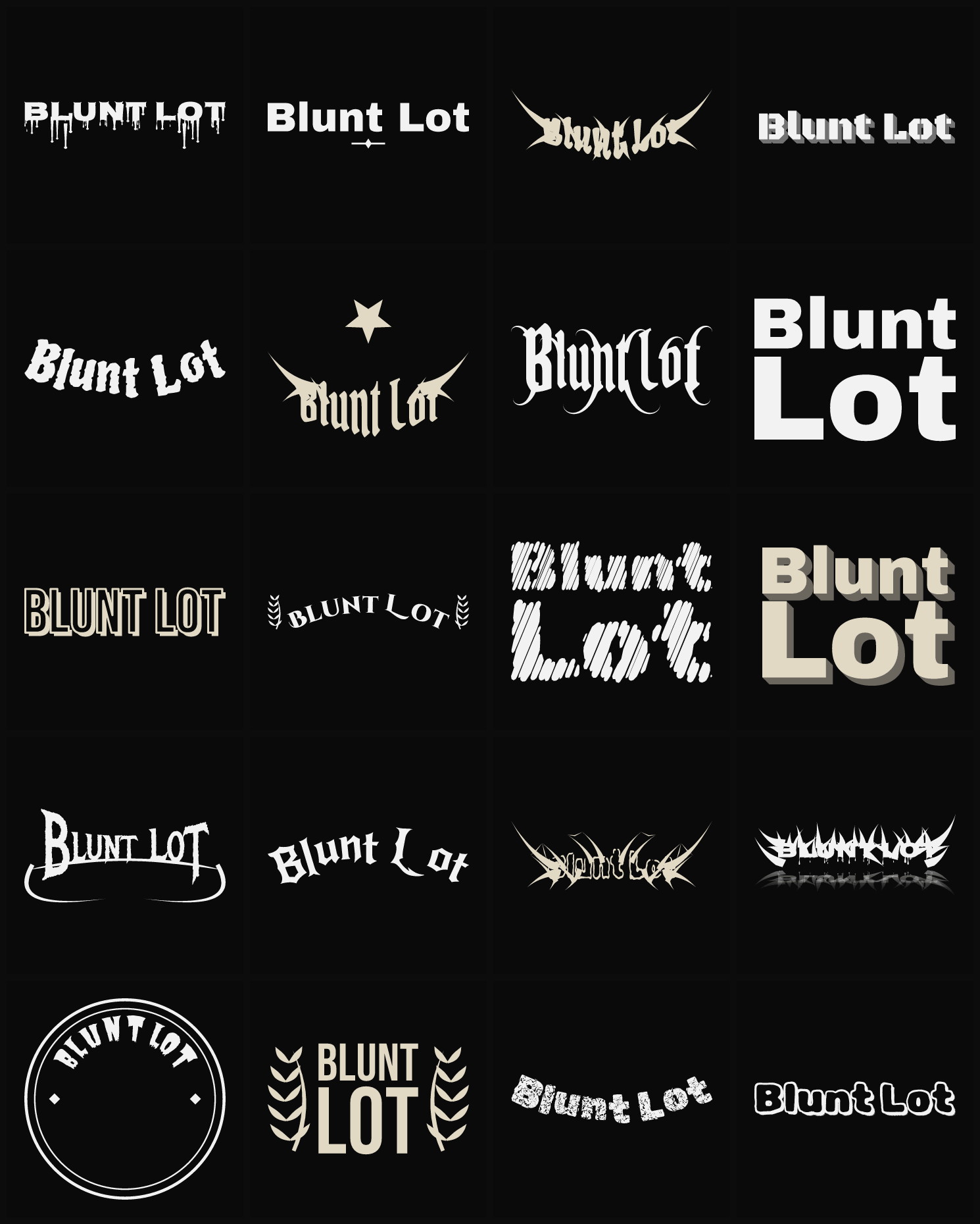Twenty Blunt Lot band logo ideas — different faces, treatments and spike settings