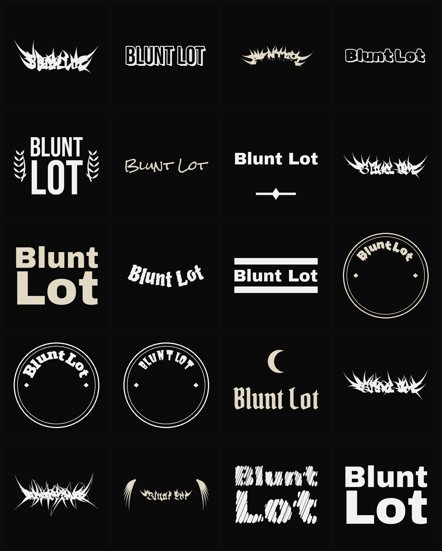 Twenty Blunt Lot band logo ideas — different faces, treatments and spike settings